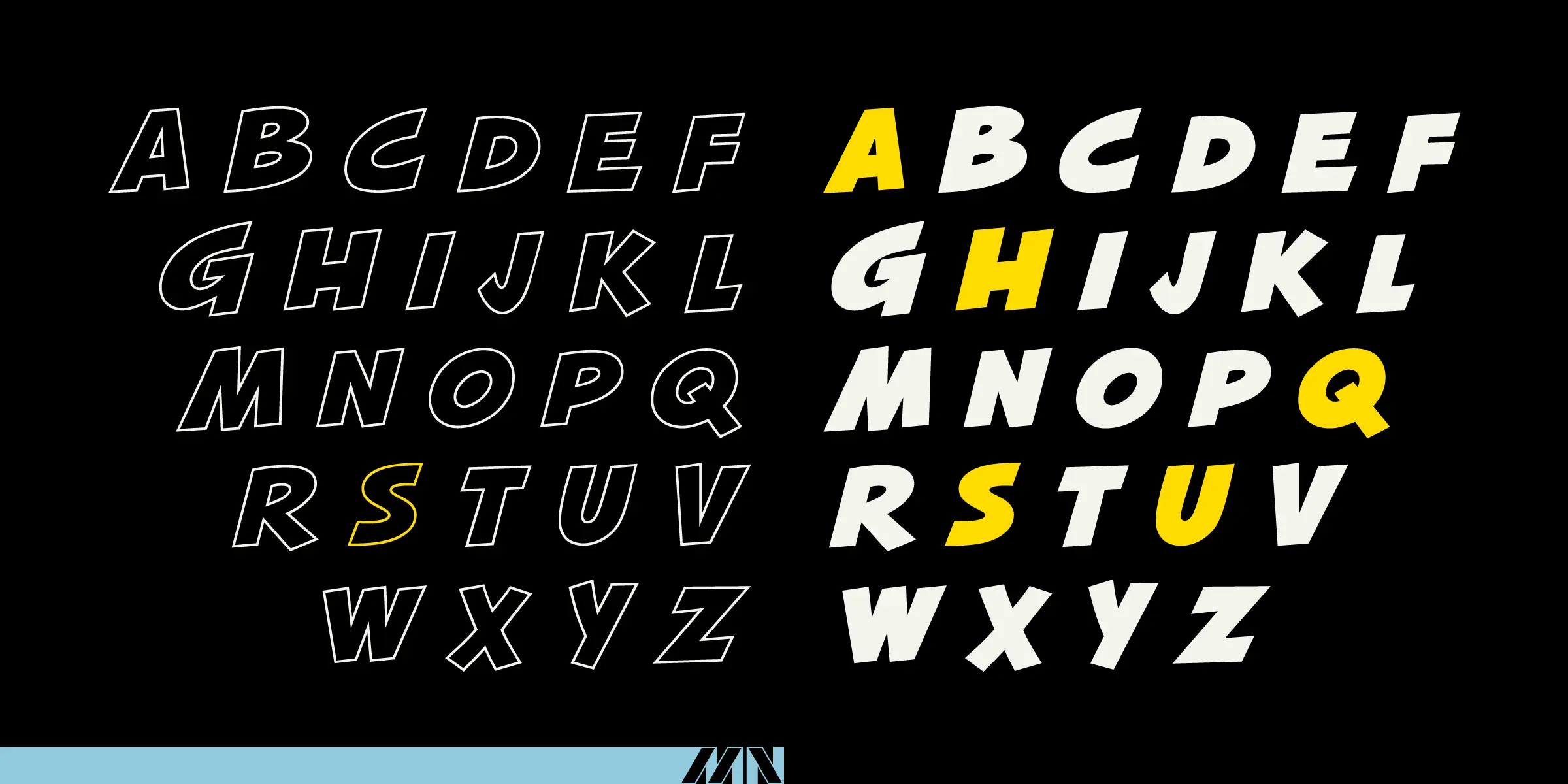Squash font by Mecanorma Collection — the uppercase alphabet shown twice in an italic sans-serif style, once as white outlines and once as solid white letters with some letters highlighted in yellow