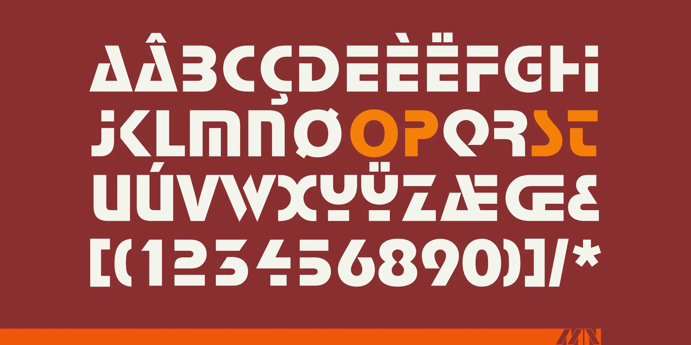 Stop font by Mecanorma Collection — a character set showing uppercase Latin letters, numbers, and symbols in a geometric sans-serif style, with some letters in orange