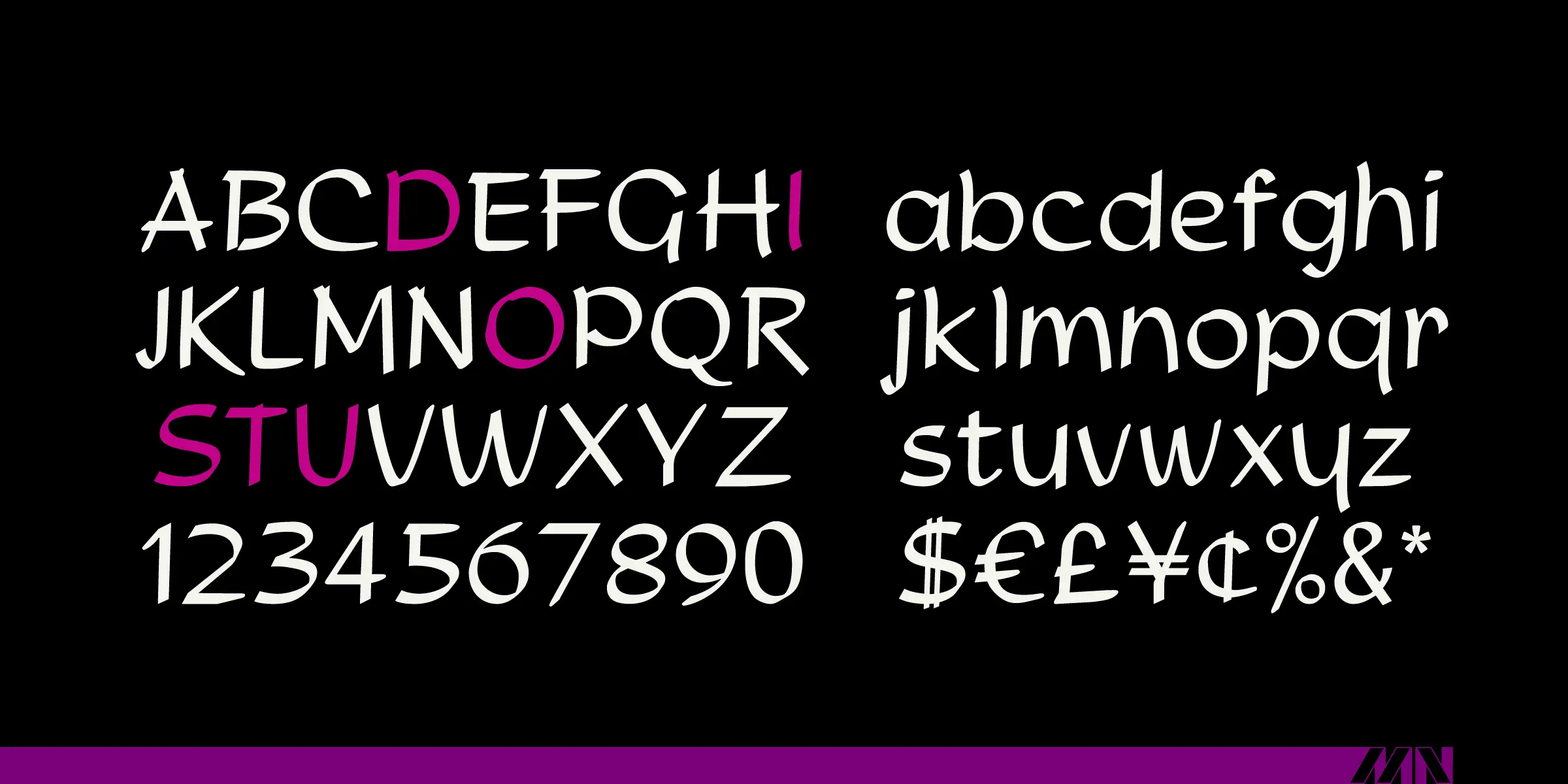 Studio font by Mecanorma Collection — a character set showing upright and italic sans serif letters, numbers, and symbols, with some letters highlighted in magenta