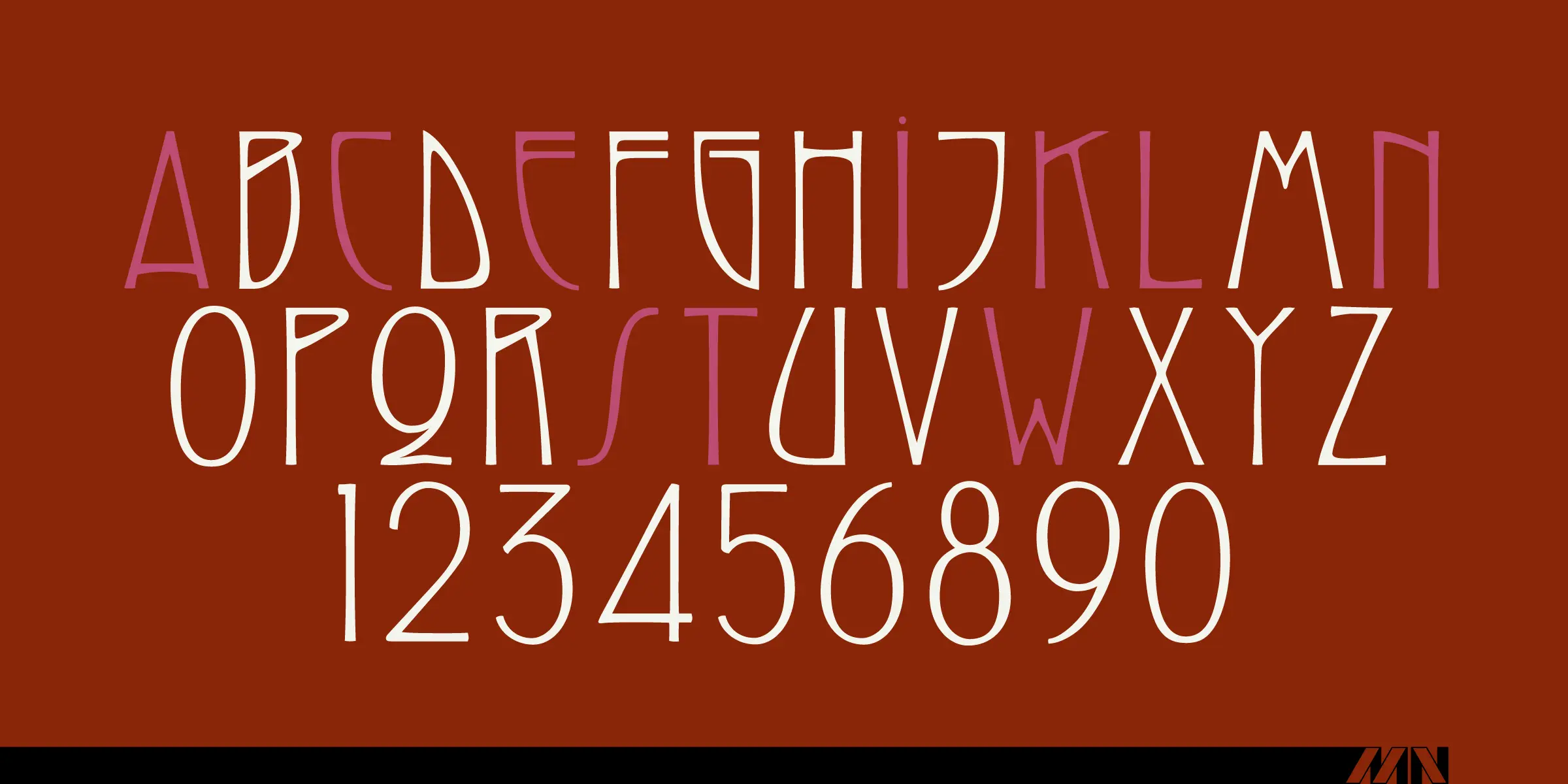 Swaak Centennial font by Mecanorma Collection — the uppercase alphabet and numerals 1–0 in a sans-serif style with some letters in white and some in pink