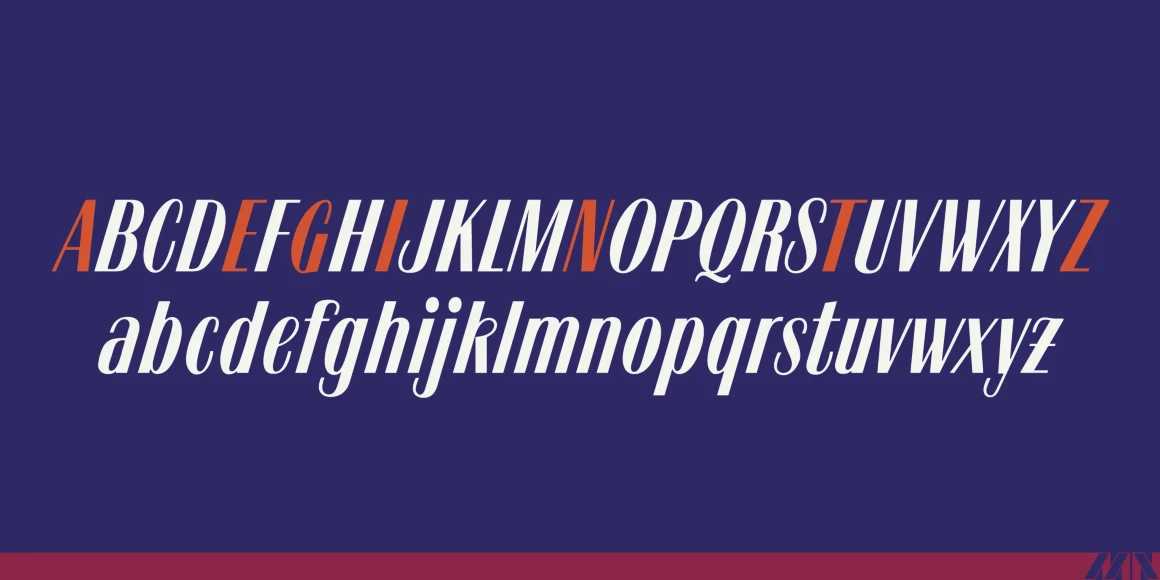 Tzigane font by Mecanorma Collection — the complete Latin alphabet in both uppercase and lowercase, in an italic serif style, with some letters in orange and others in white