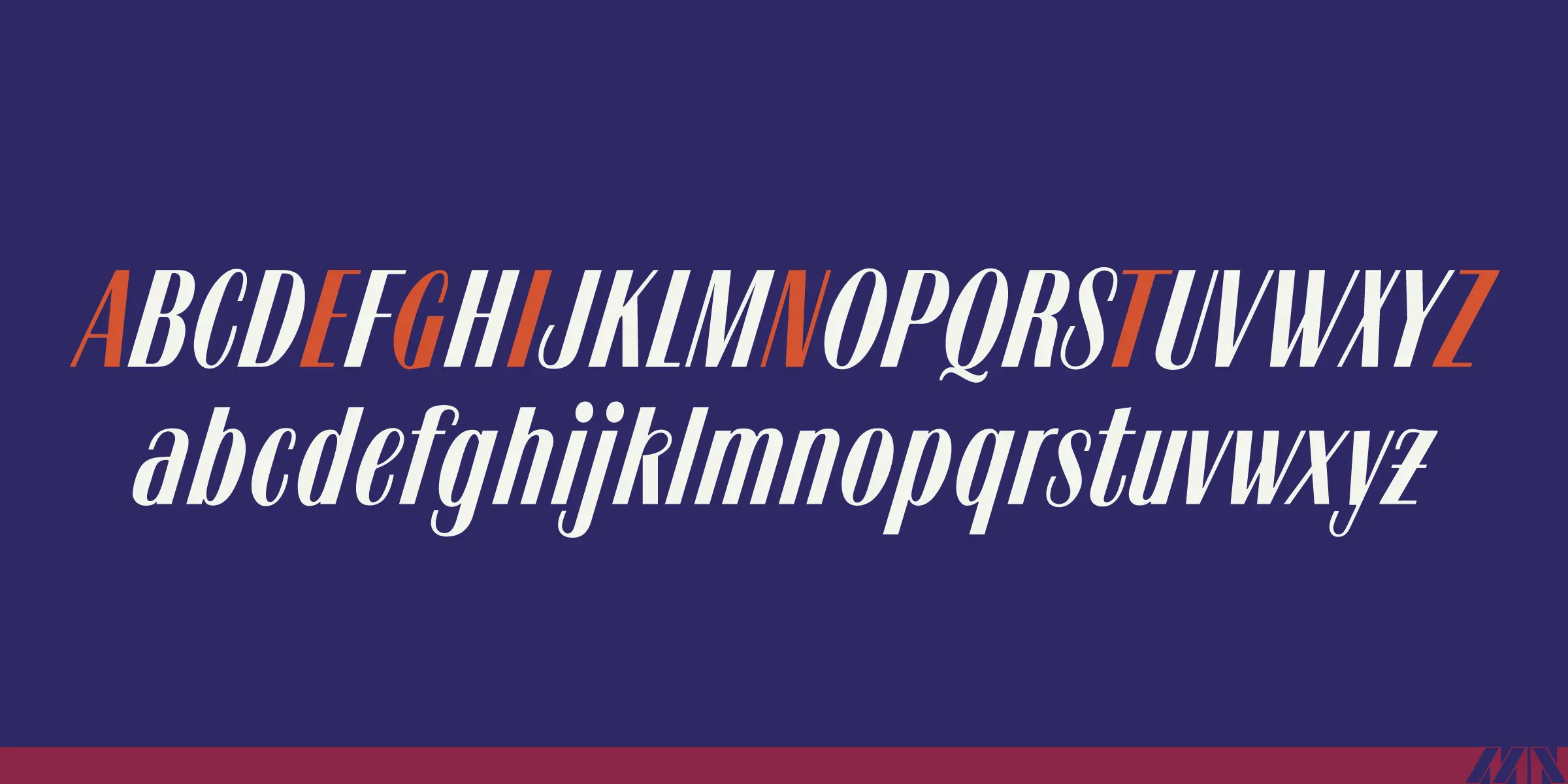 Tzigane font by Mecanorma Collection — the complete Latin alphabet in both uppercase and lowercase, in an italic serif style, with some letters in orange and others in white