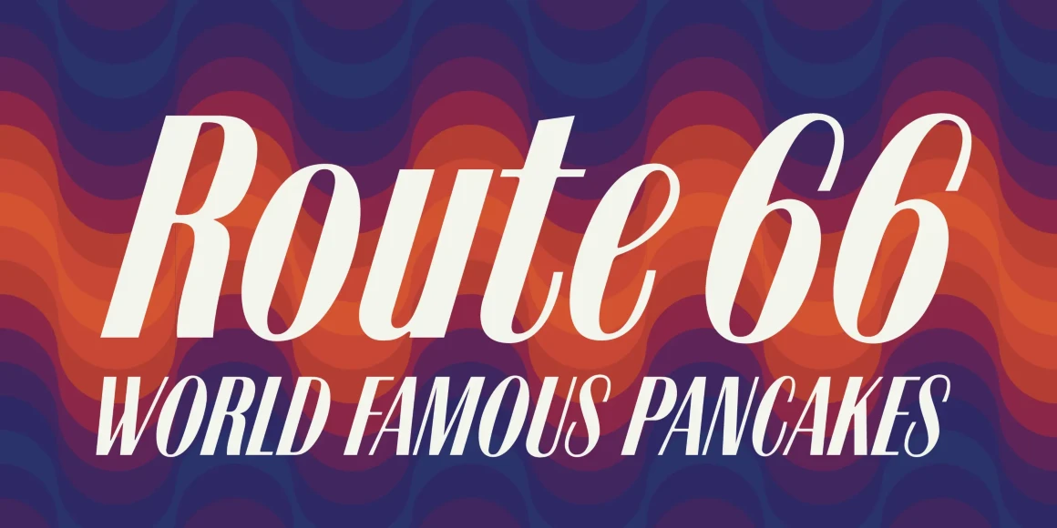 Tzigane font by Mecanorma Collection — the italic serif words “Route 66” above the italic serif words “WORLD FAMOUS PANCAKES” on a background of wavy orange and purple bands