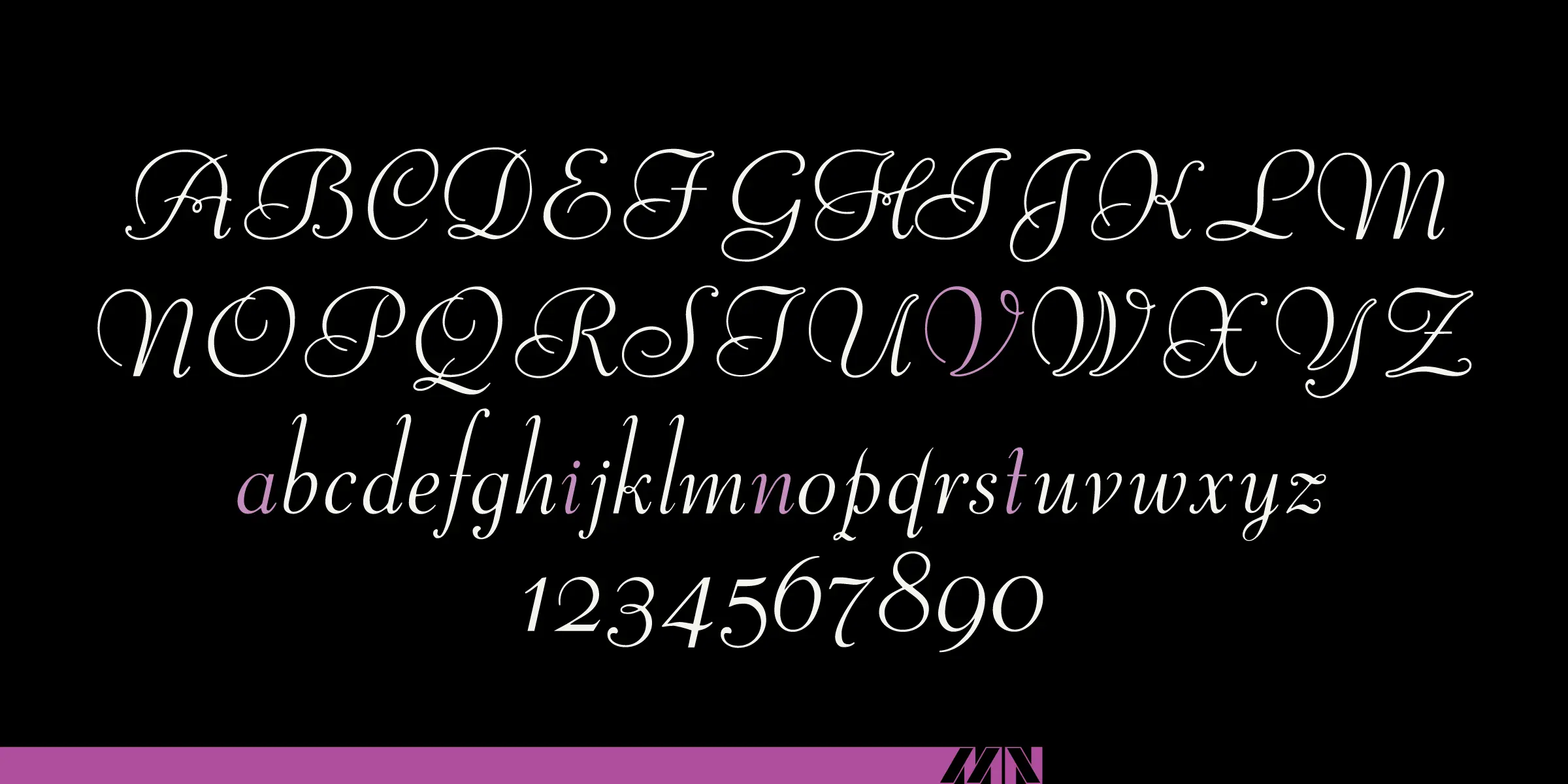 Viant font by Mecanorma Collection — the complete upright Latin alphabet in white, with the letters U and V in purple, and the numerals 1 through 0 in white, all in a connected script style