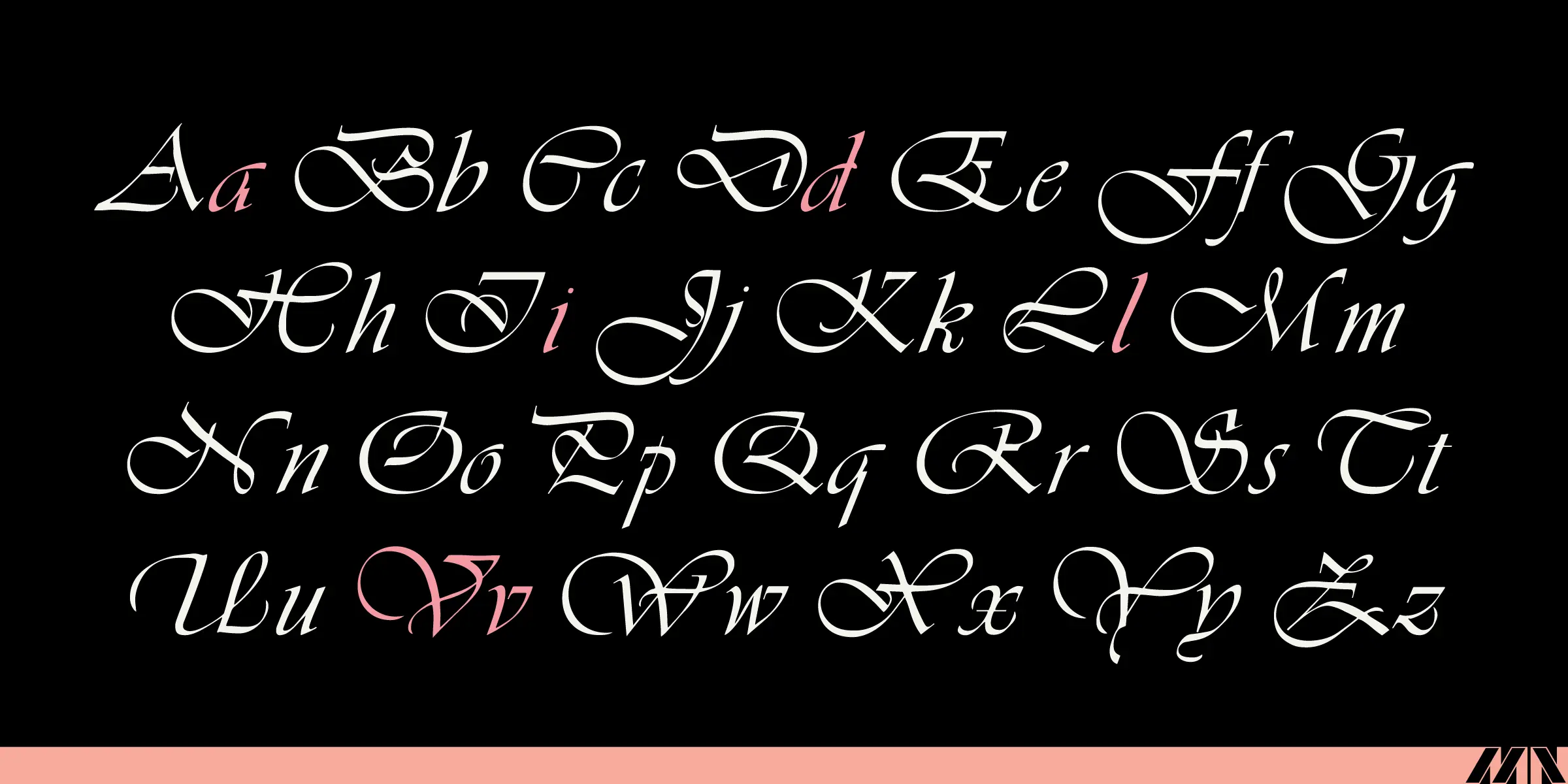 Vivaldi font by Mecanorma Collection — the complete Latin alphabet in an upright, high-contrast script, with some lowercase letters highlighted in pink