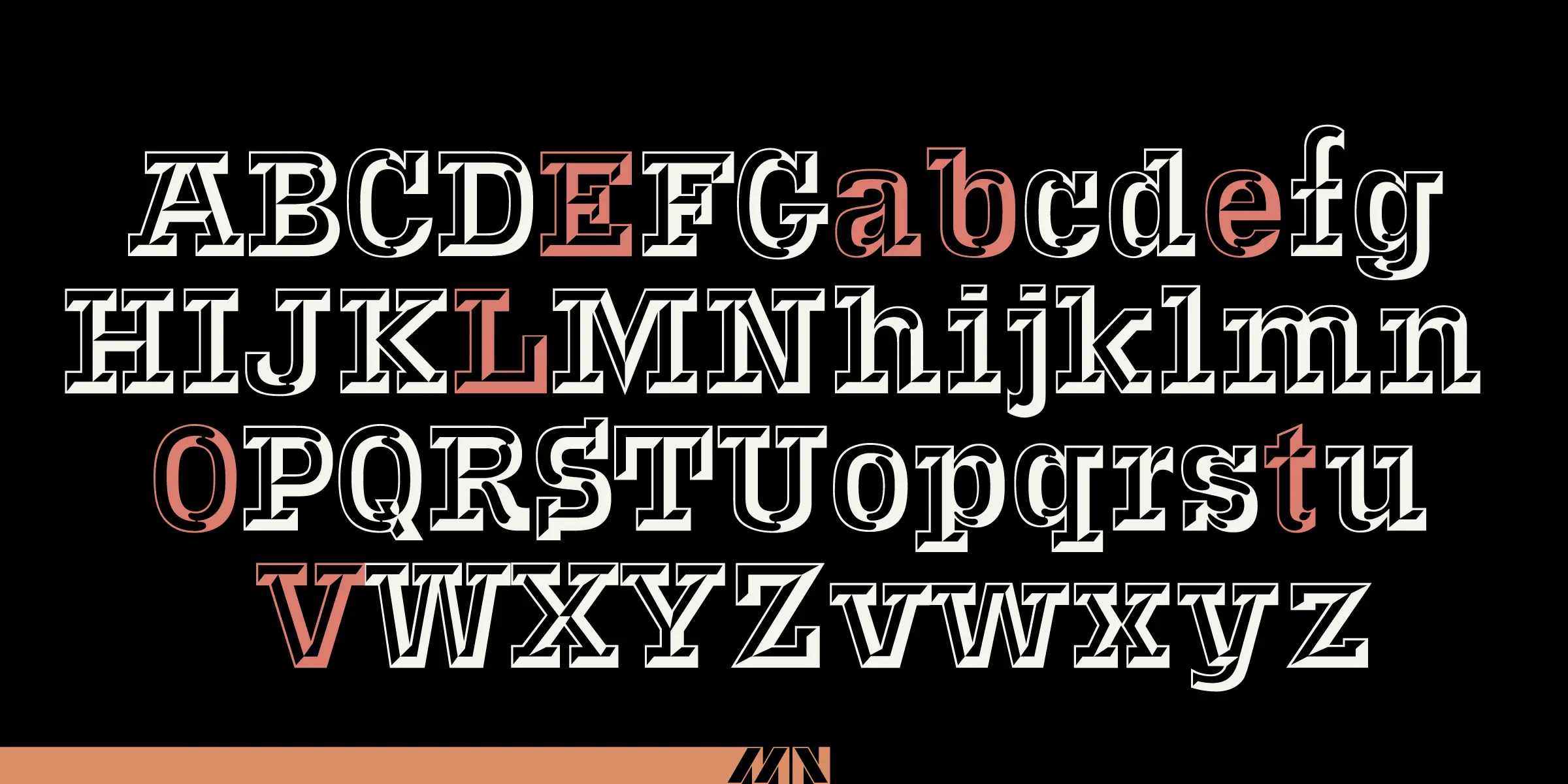 Voel Beat font by Mecanorma Collection — uppercase and lowercase Latin alphabet letters in a decorative serif style, with some letters highlighted in a salmon color