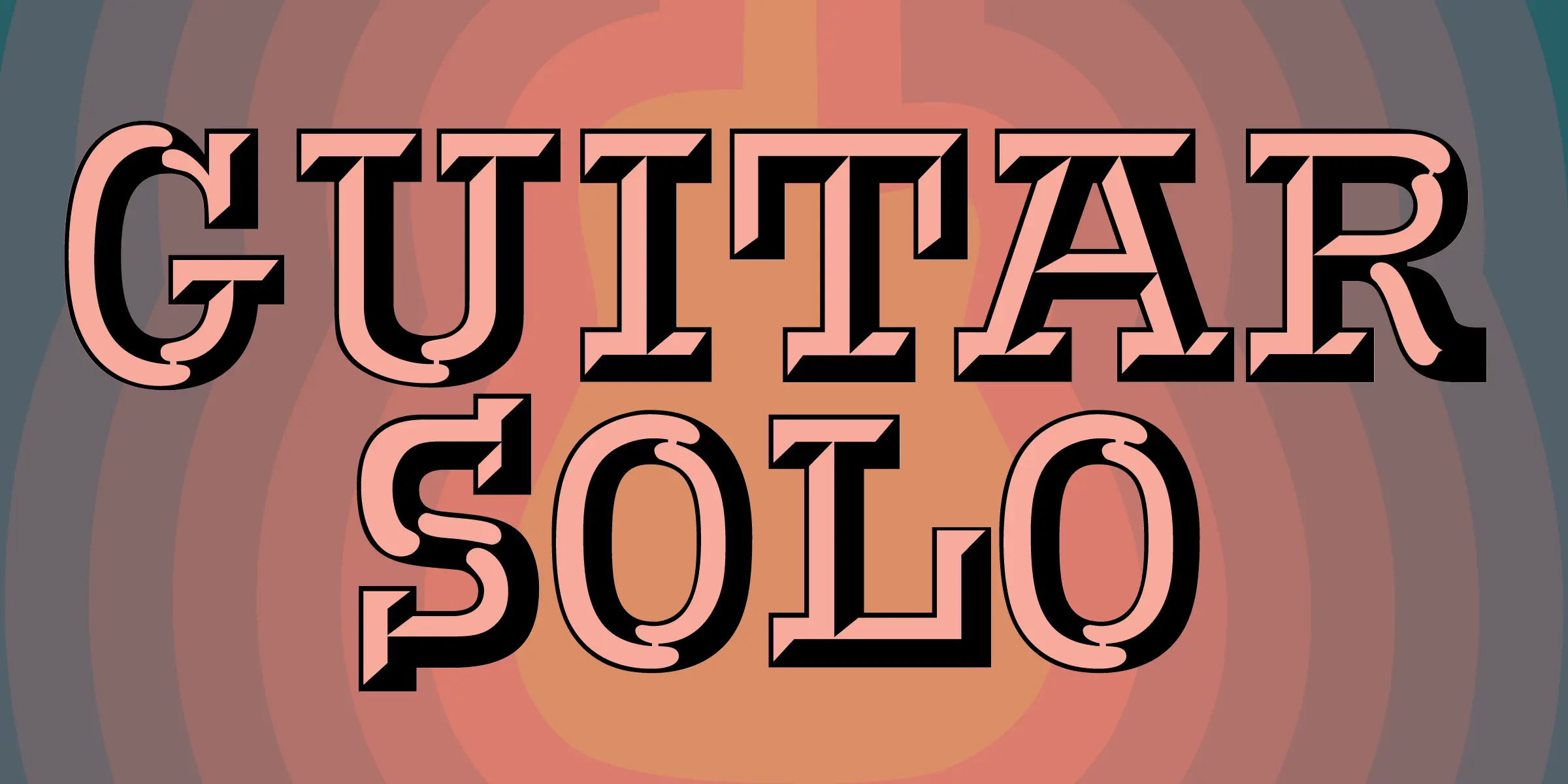 Voel Beat font by Mecanorma Collection — the words “GUITAR SOLO” in a serif typeface with a three-dimensional effect, set against a background of concentric guitar-shaped outlines