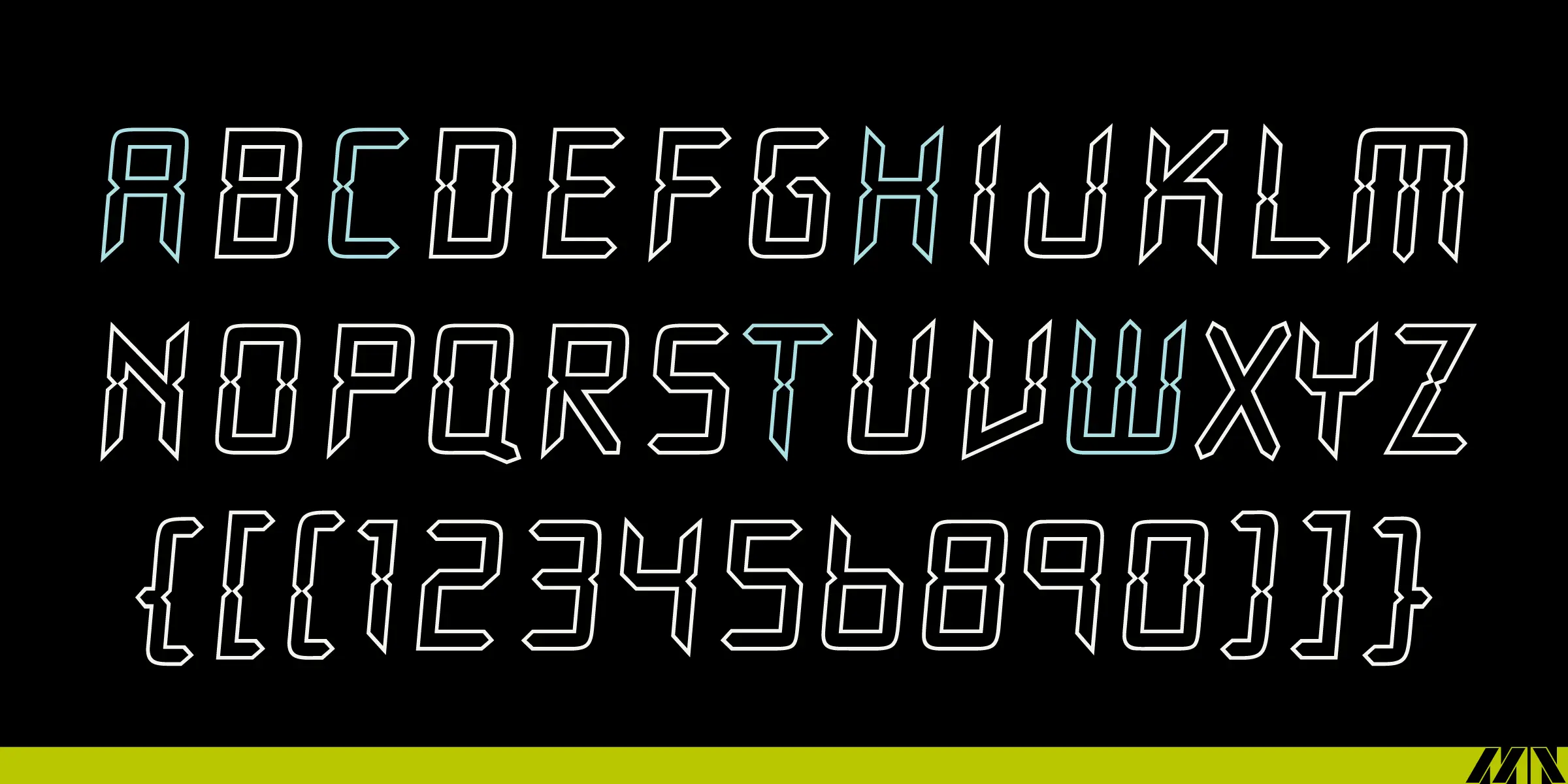 Watch font by Mecanorma Collection — the uppercase alphabet, numbers, and brackets in a futuristic, outlined, sans-serif style, with some characters in light blue and others in white