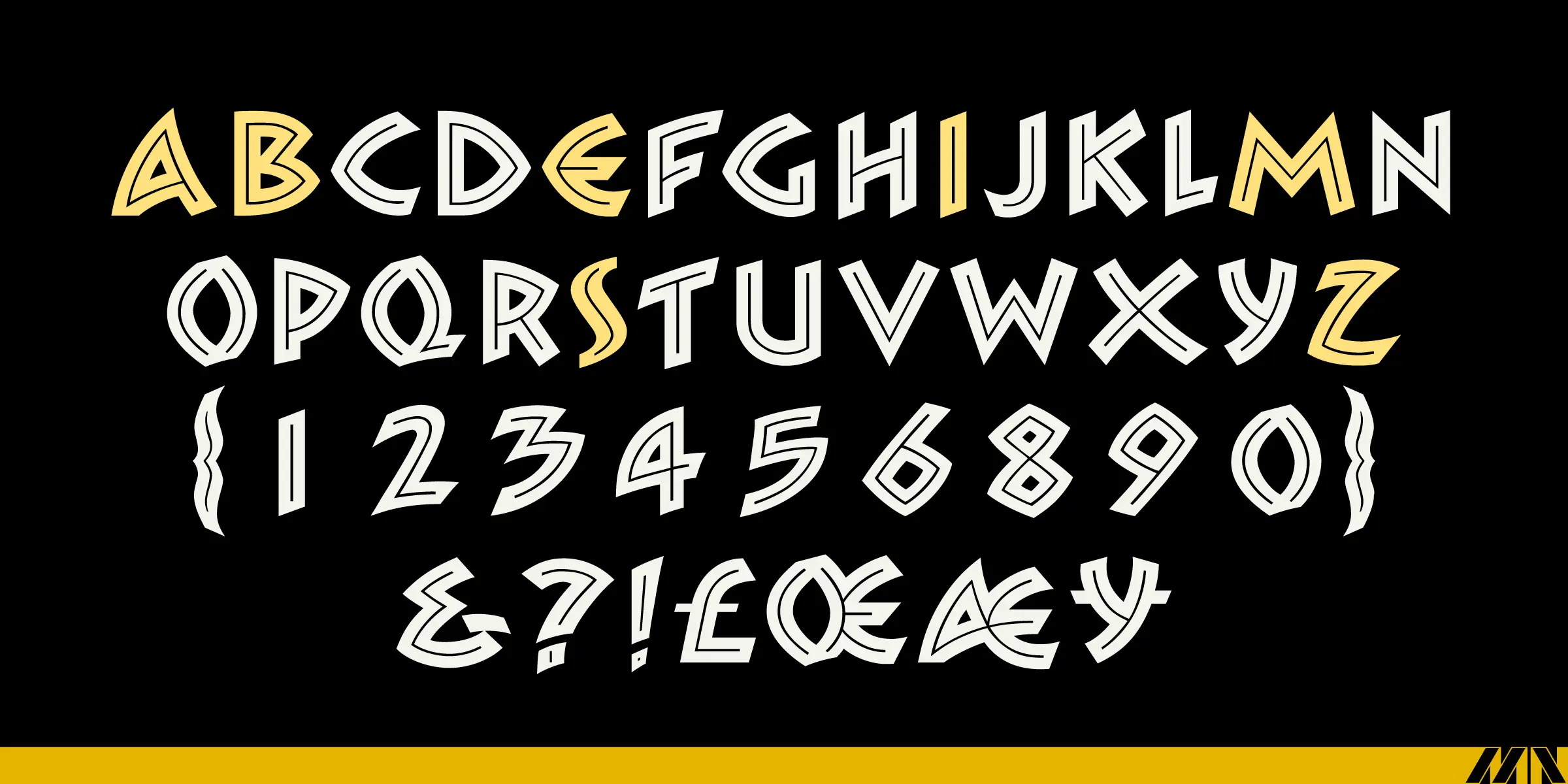 Zambesi font by Mecanorma Collection — an uppercase alphabet, numbers 0-9, and symbols including ampersand, question mark, exclamation point, pound sign, euro sign, and ae and oe ligatures, all in a sans-serif outline style with some letters highlighted in yellow