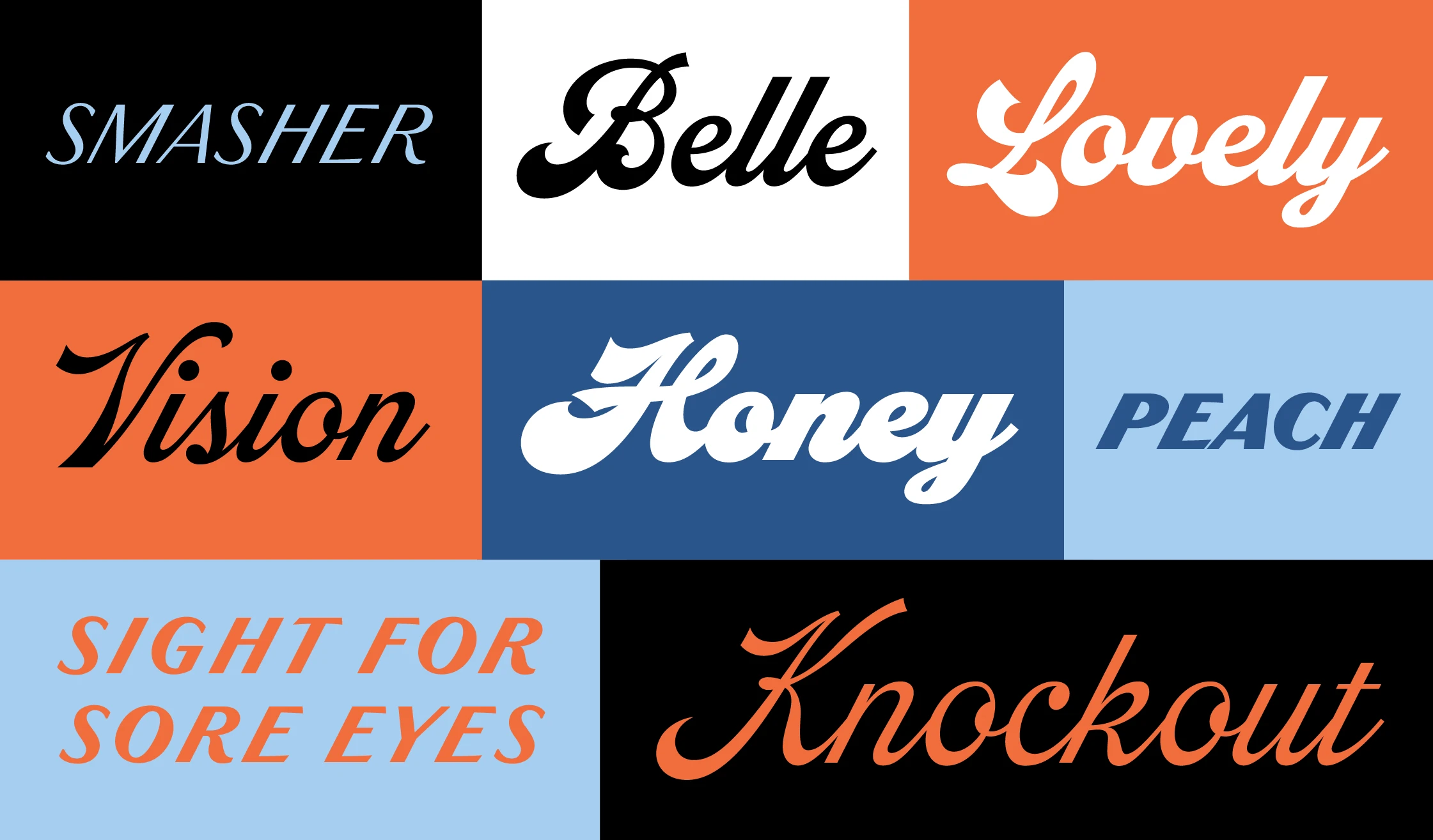 Dreamboat font by Mark Simonson Studio — a nine-panel grid with words “SMASHER”, “Belle”, “Lovely”, “Vision”, “Honey”, “PEACH”, “SIGHT FOR SORE EYES”, and “Knockout” in various upright and italic styles, some connected scripts, and some sans-serifs.