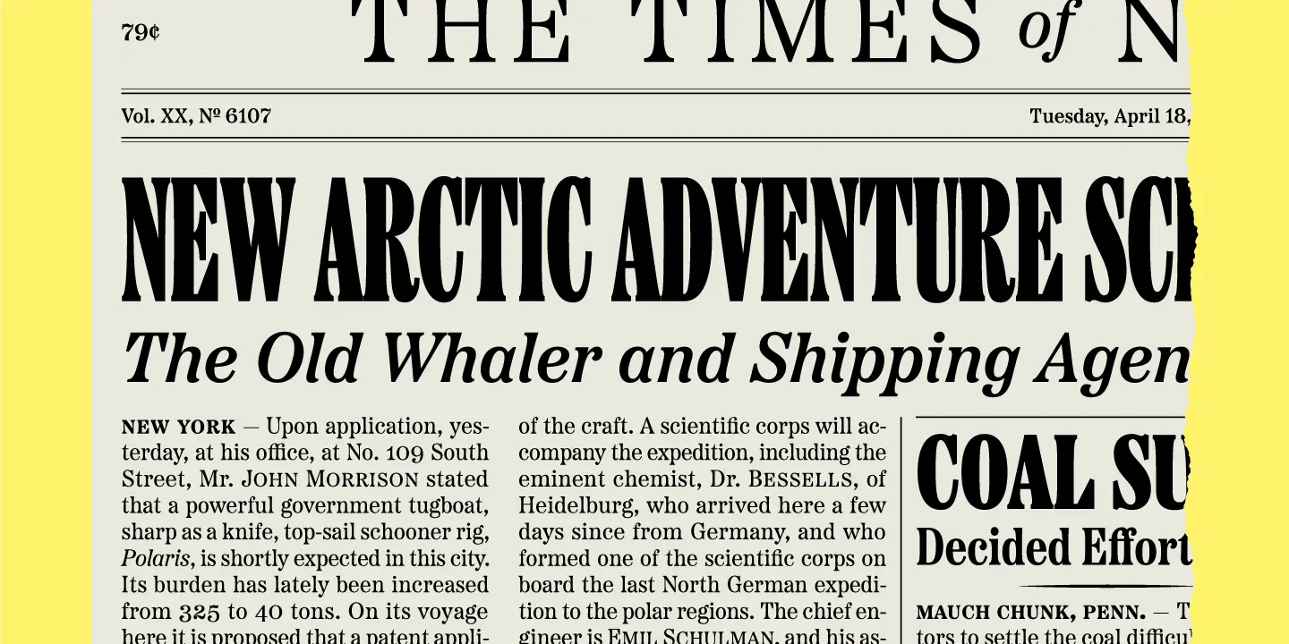 Etna font by Mark Simonson Studio — a newspaper page with the words “NEW ARCTIC ADVENTURE” in large, bold, upright serif letters, and “The Old Whaler and Shipping Agen” in large, italic serif letters