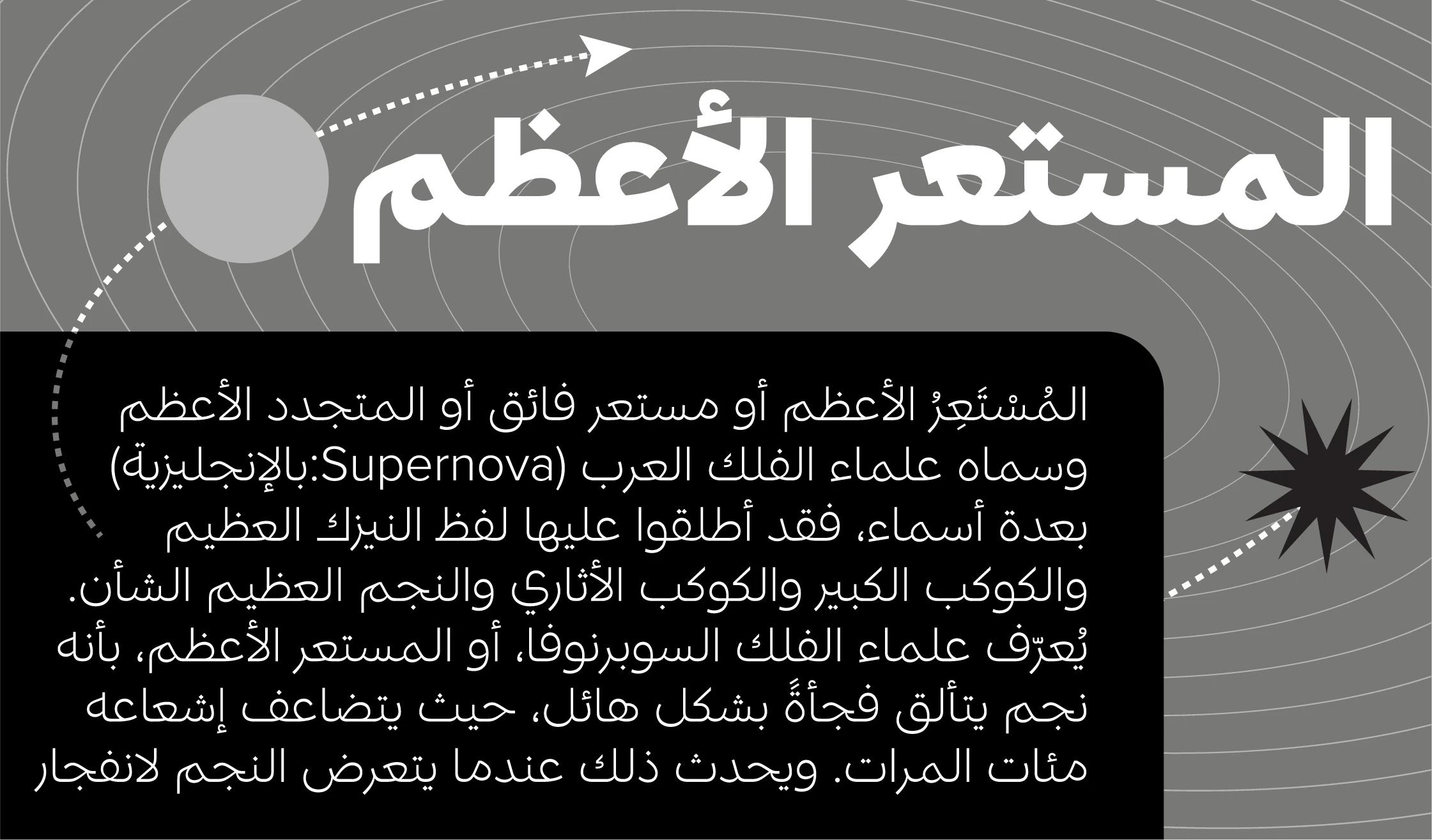 Proxima Nova Arabic font by Mark Simonson Studio — the Arabic words for “supernova” in large, bold, sans serif letters, with a smaller block of Arabic text and the English word “Supernova” in parentheses, all against a background of concentric circles and a dotted line connecting a gray circle and a black starburst.