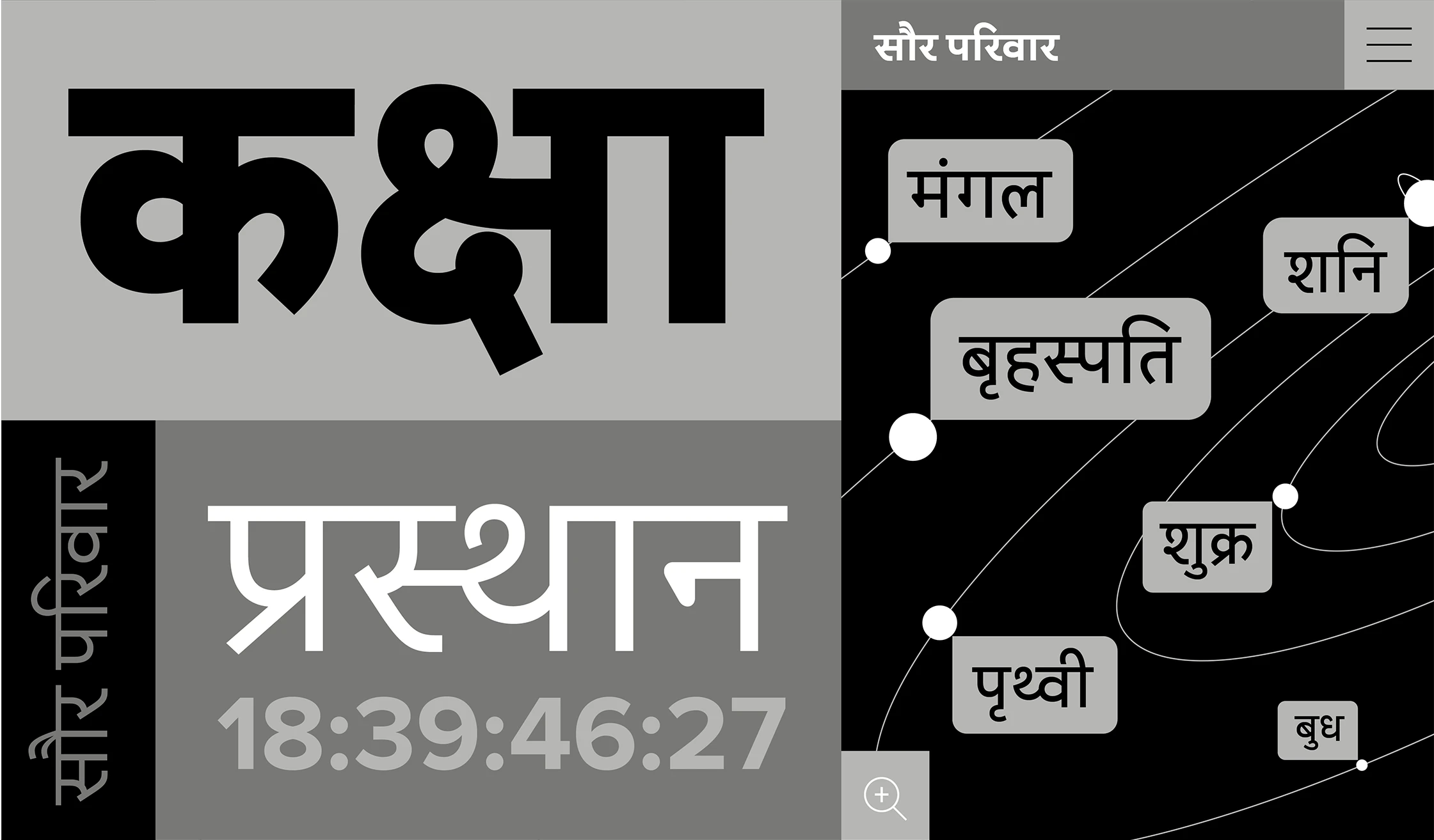 Proxima Nova Devanagari font by Mark Simonson Studio — Devanagari text in black and white, with a dark gray panel on the right showing planet names in rounded rectangles connected by white lines and dots.