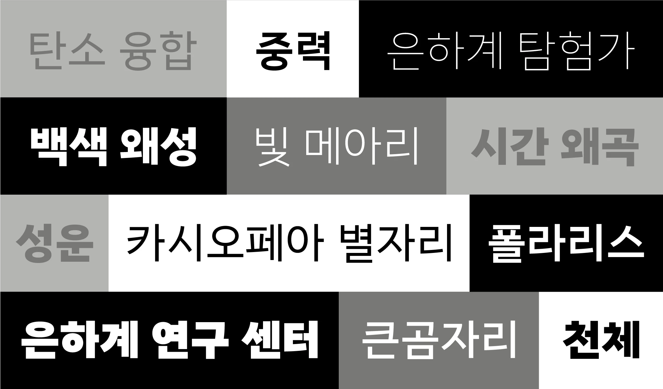 Proxima Nova Hangeul font by Mark Simonson Studio — a grid of Korean words in various weights and colors, including “중력” and “은하계 탐험가”