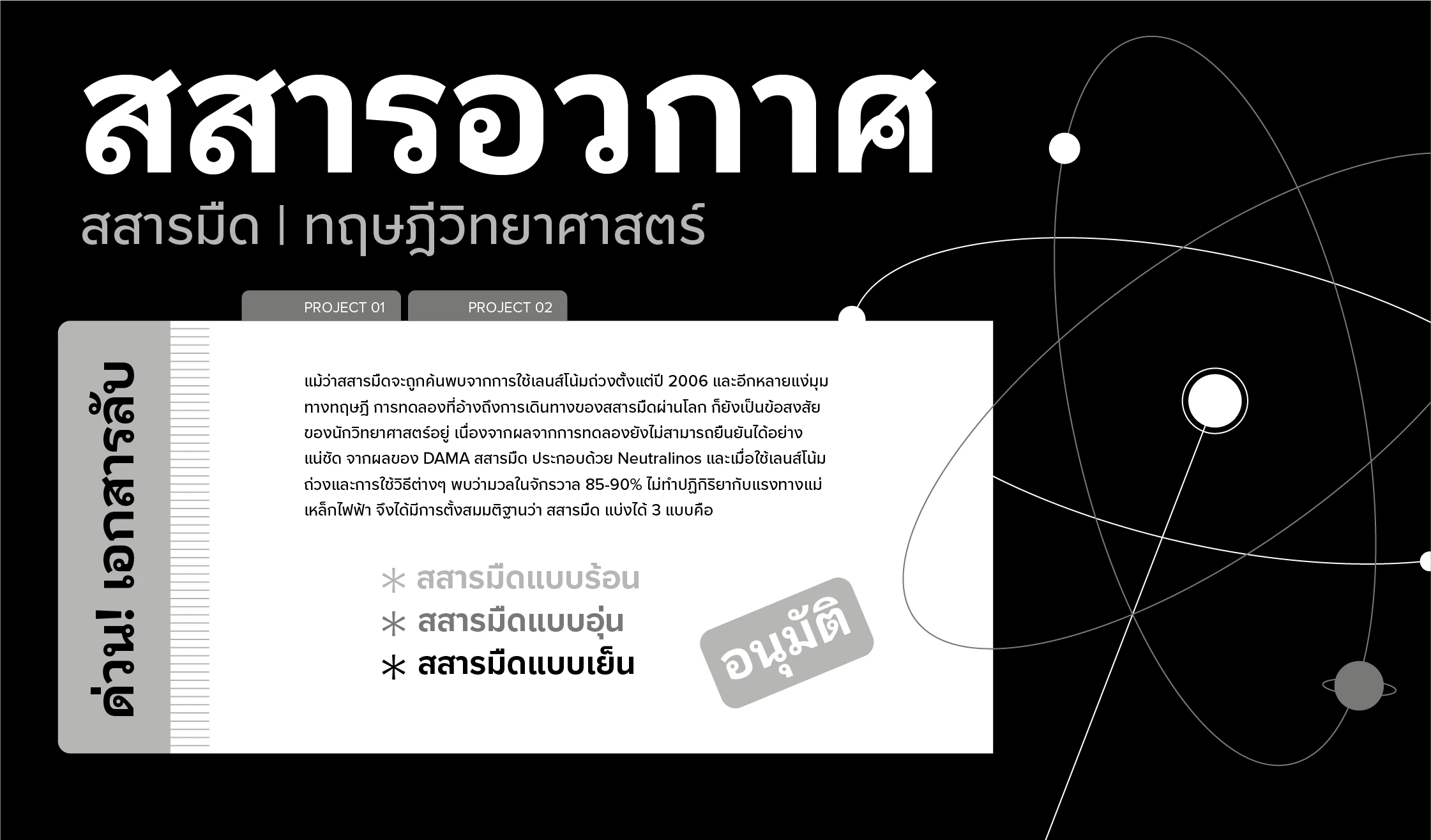 Proxima Nova Thai font by Mark Simonson Studio — the words “สสารอวกาศ” and “สสารมืด | ทฤษฎีวิทยาศาสตร์” in upright sans serif Thai, with a diagram of orbiting particles and planets