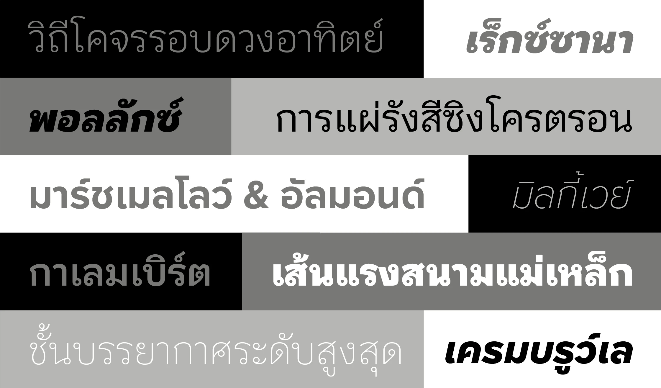Proxima Nova Thai font by Mark Simonson Studio — a grid of Thai words in various sans-serif styles, including upright, italic, and thin outlines