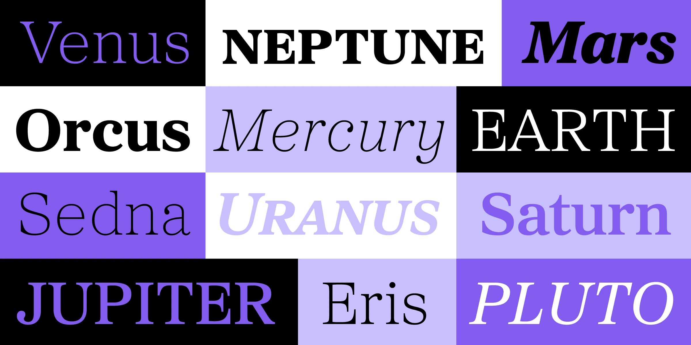 Proxima Sera font by Mark Simonson Studio — a grid of twelve colored rectangles in black, white, and shades of purple, featuring the names of planets and dwarf planets in various serif and italic serif styles, including Venus, NEPTUNE, Mars, Orcus, Mercury, EARTH, Sedna, URANUS, Saturn, JUPITER, Eris, and PLUTO
