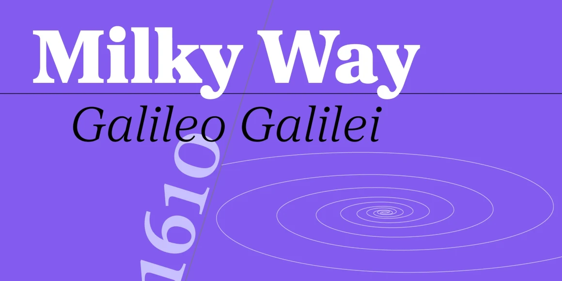 Proxima Sera font by Mark Simonson Studio — the words Milky Way in white serif letters, Galileo Galilei in black italic serif letters, and the number 1610 rotated vertically, set against a purple background with a white spiral graphic spiral