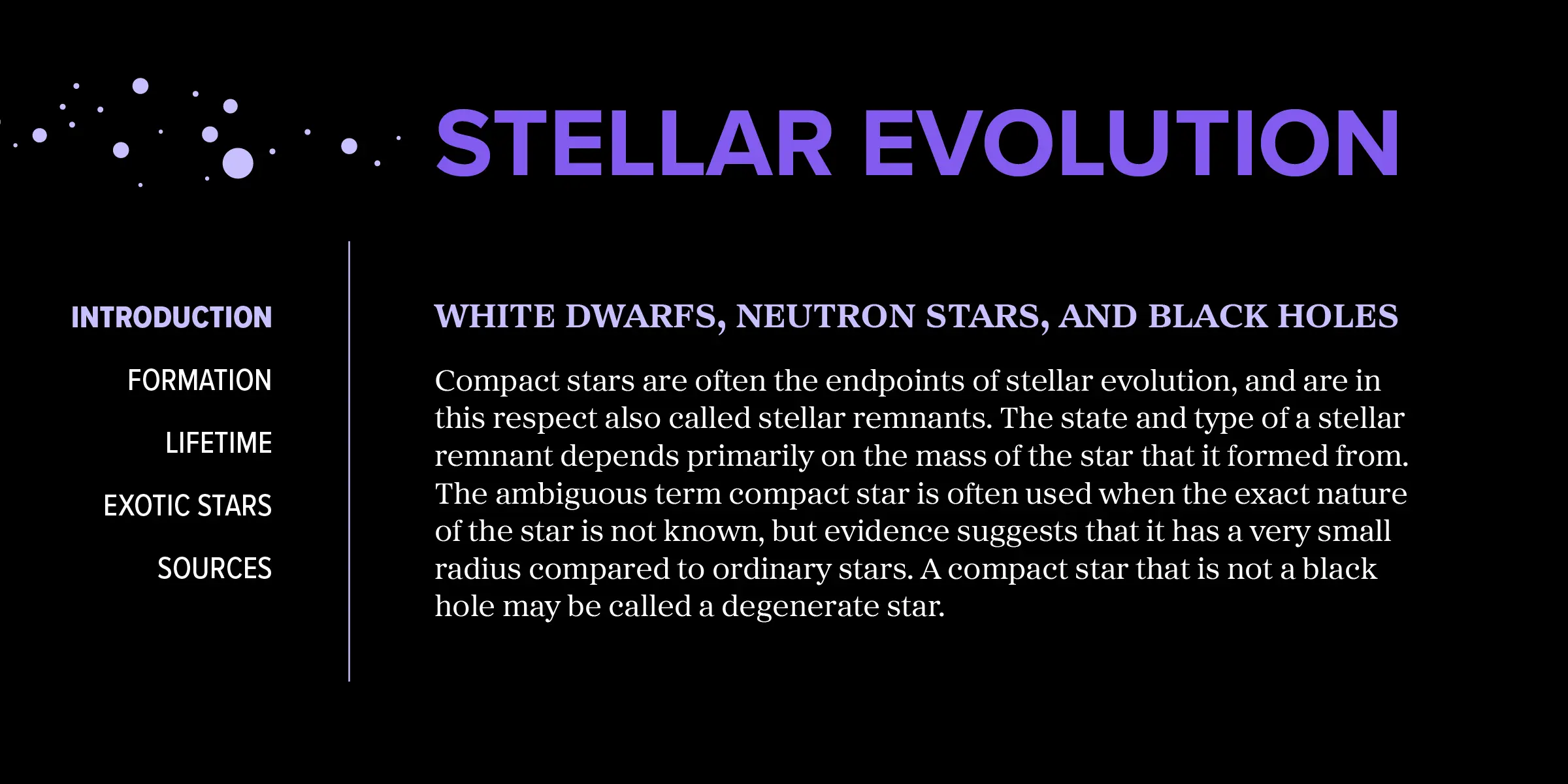 Proxima Sera font by Mark Simonson Studio — the words “STELLAR EVOLUTION” in large sans-serif capitals, with a scattering of small purple circles above, and a column of navigation links next to a block of serif text about compact stars
