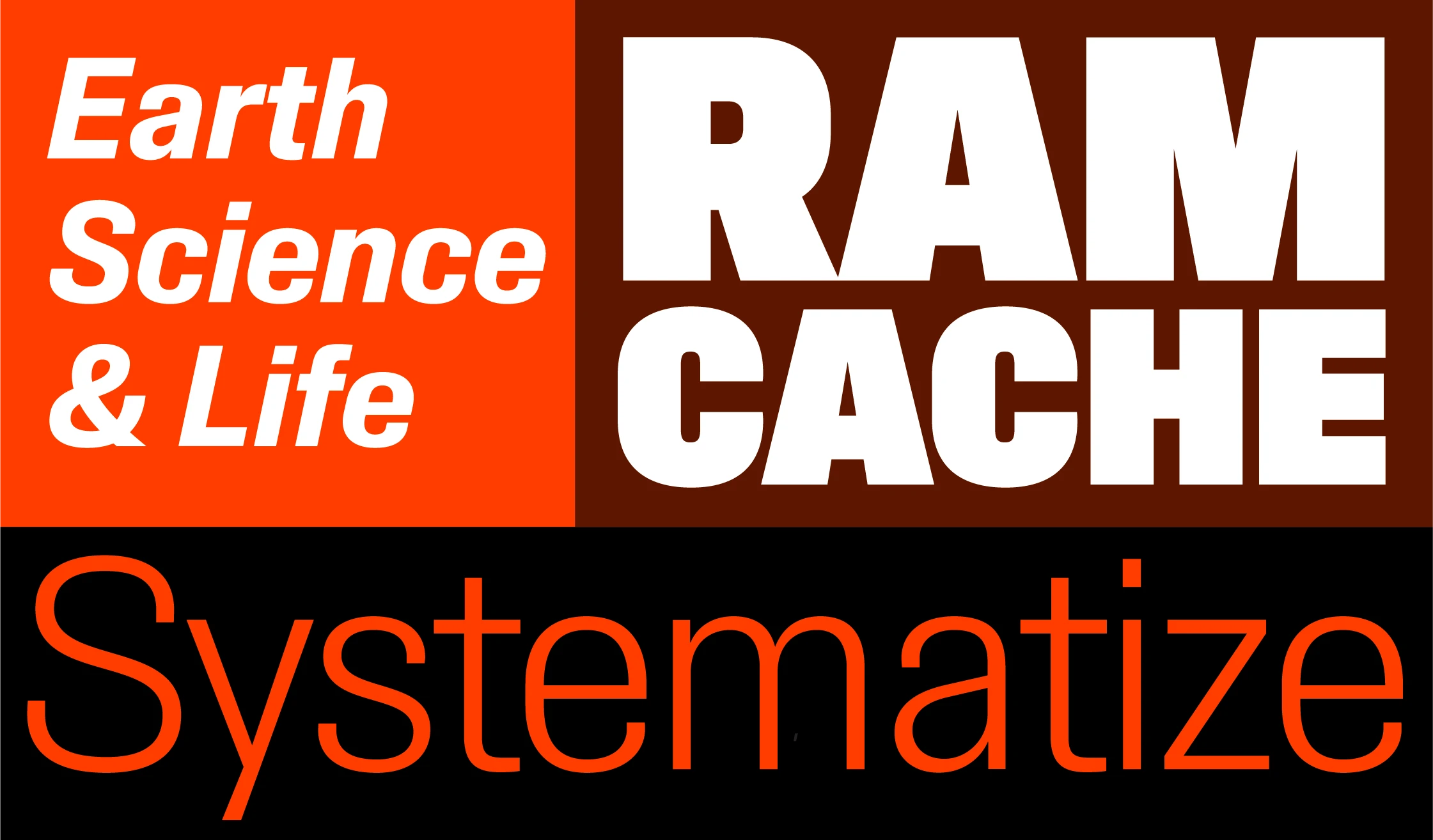 Synergy font by Mark Simonson Studio — the words “Earth Science & Life” in white italic sans serif, “RAM CACHE” in white upright sans serif, and “Systematize” in orange upright sans serif