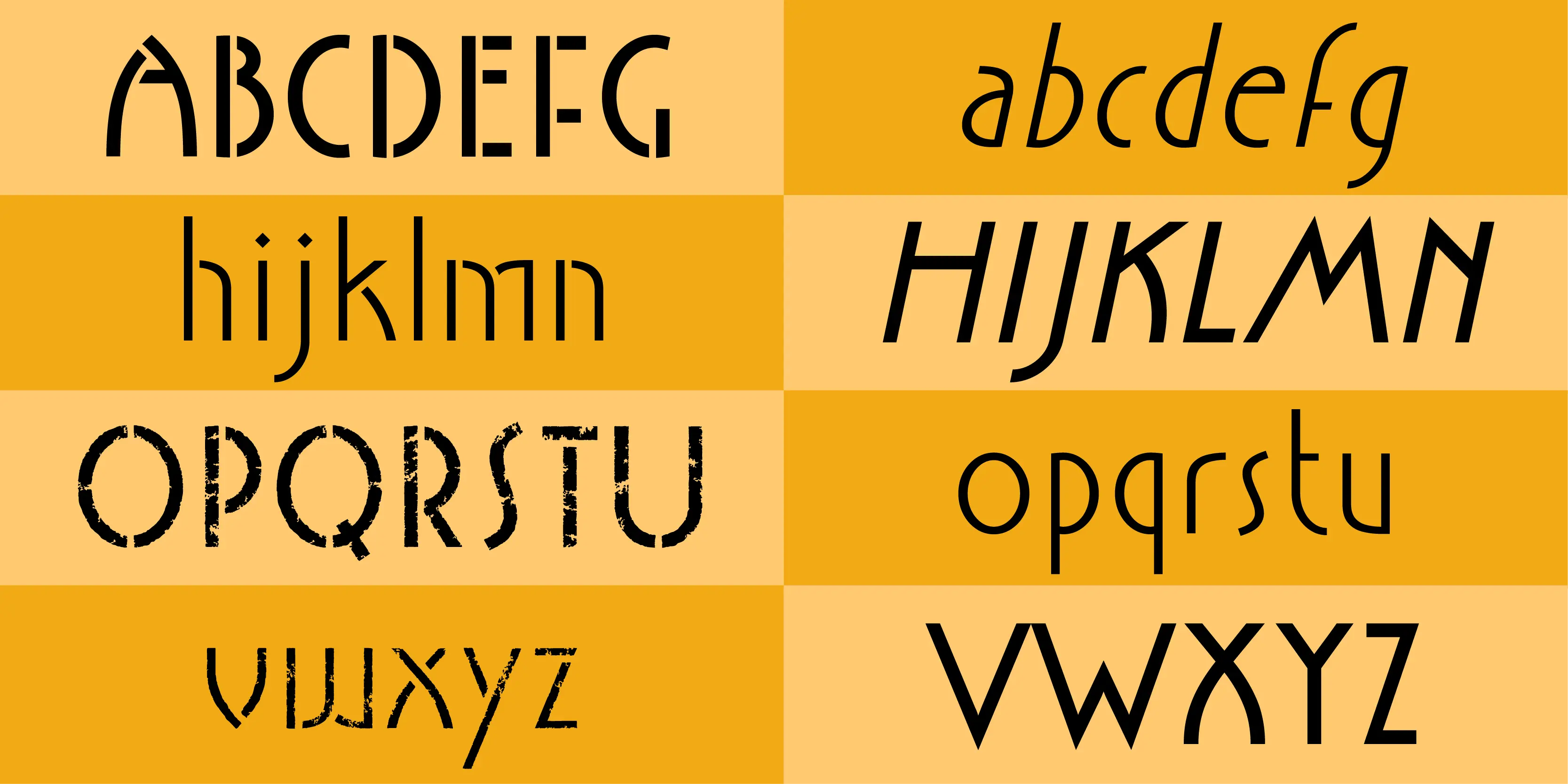 Ainabee font by P22 Type Foundry — the letters of the alphabet from A to Z in lowercase and uppercase, displayed in upright, italic, stencil, and textured sans-serif styles across a grid of alternating yellow and light orange blocks