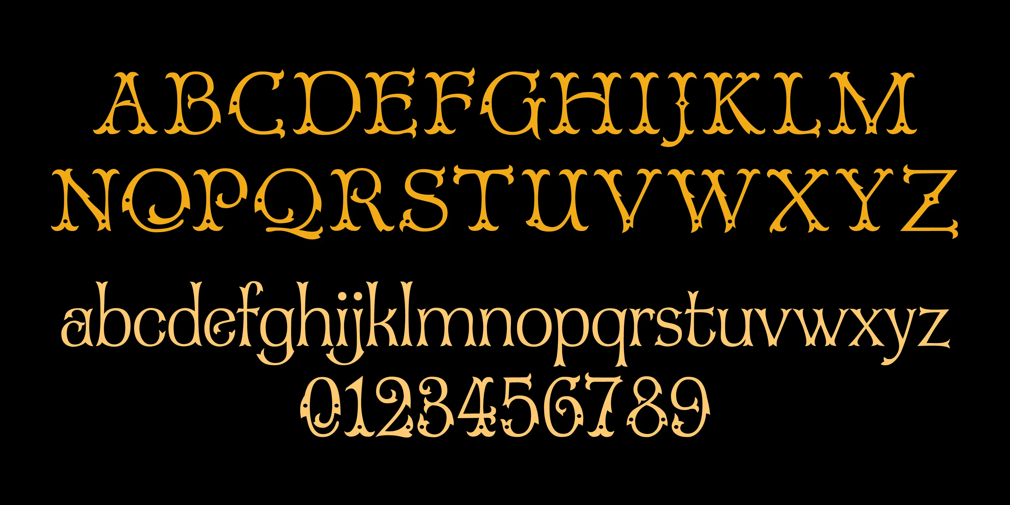Araminta font by P22 Type Foundry — the uppercase alphabet from A to Z in two rows, the lowercase alphabet from a to z in a single row, and the numbers 0 through 9, all in a decorative, orange-yellow Tuscan-style serif typeface on a black background