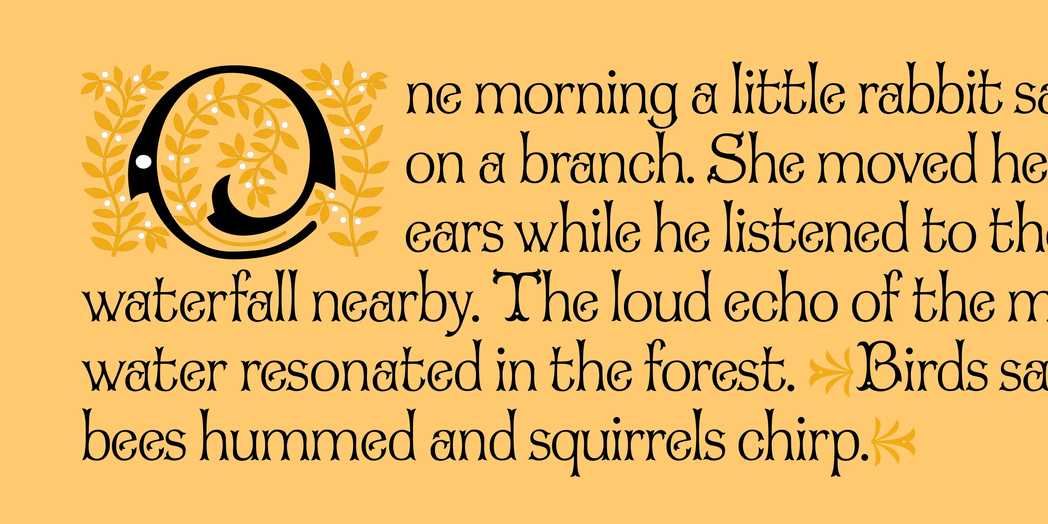 Araminta font by P22 Type Foundry — a paragraph of decorative Victorian-style text beginning with a large, ornate drop cap letter O surrounded by yellow floral illustrations on a light orange background