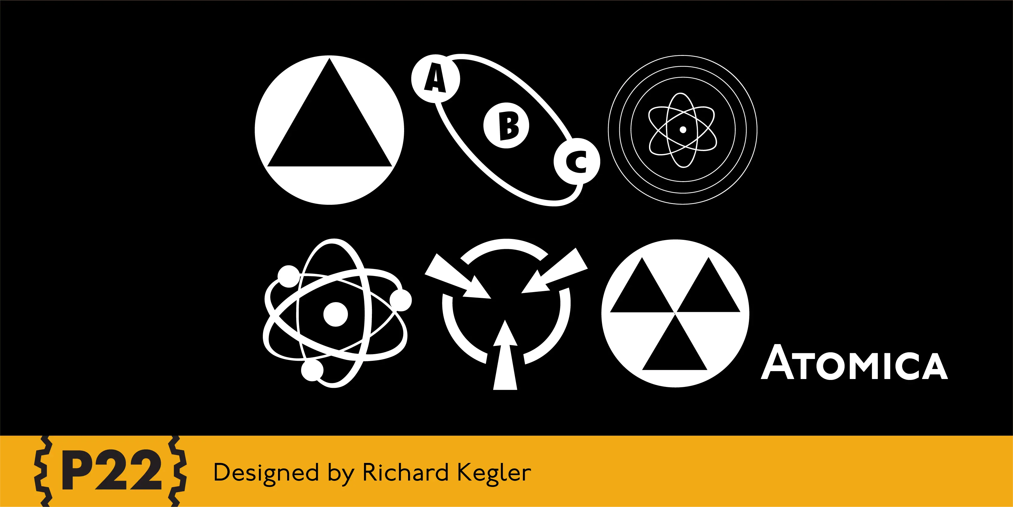 Atomica font by P22 Type Foundry — six white retro atomic and civil defense symbols on a black background, including a fallout shelter sign, an atom model, and a radiation warning icon, next to the word ATOMICA in a sans-serif font