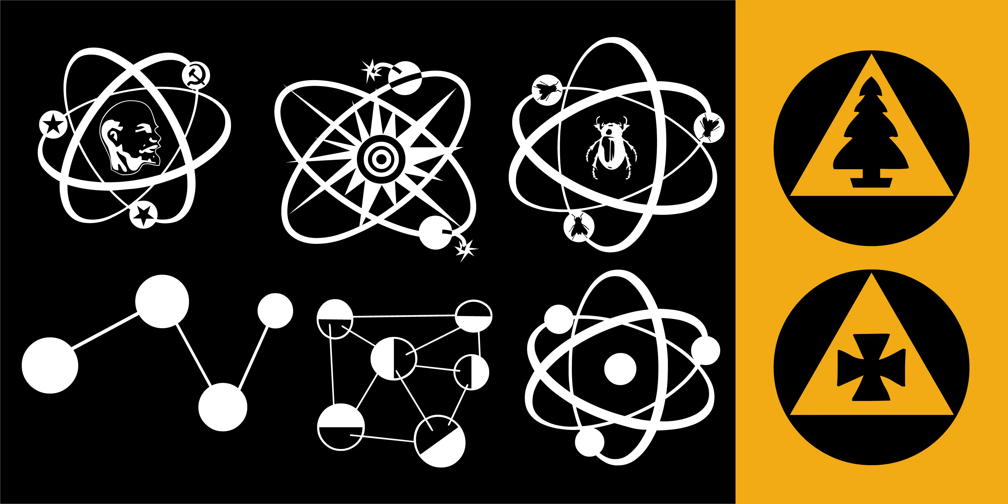 Atomica font by P22 Type Foundry — a collection of white atomic and molecular symbols on a black background, including a profile of Lenin, a beetle, and bombs within atomic orbits, alongside two yellow and black warning signs featuring a pine tree and a cross