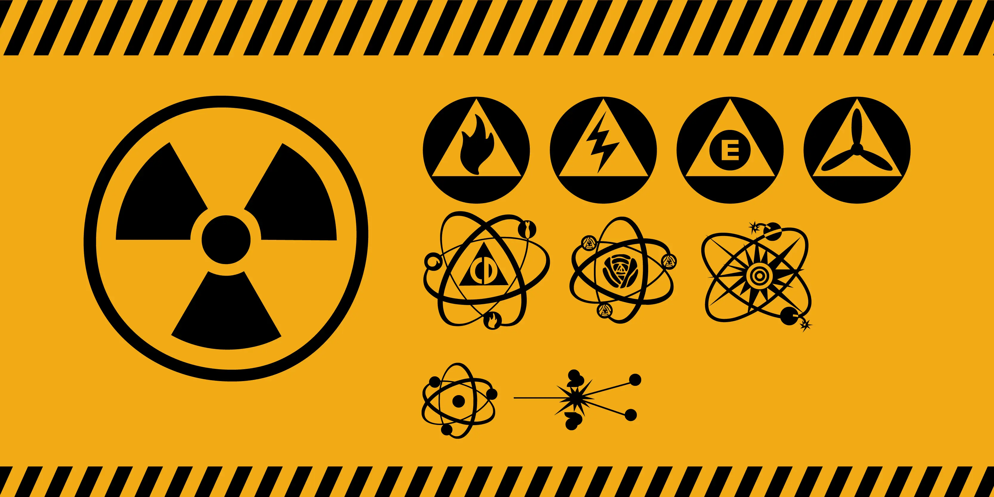 Atomica font by P22 Type Foundry — a yellow background with black hazard stripes at the top and bottom, featuring a large radiation symbol on the left and a collection of smaller atomic and civil defense icons on the right