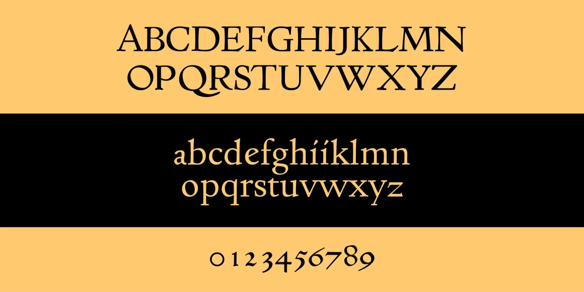 Basel Roman font by P22 Type Foundry — the uppercase alphabet in black serif letters, the lowercase alphabet in yellow serif letters on a black horizontal band, and the numbers zero through nine in black serif numerals on a yellow background