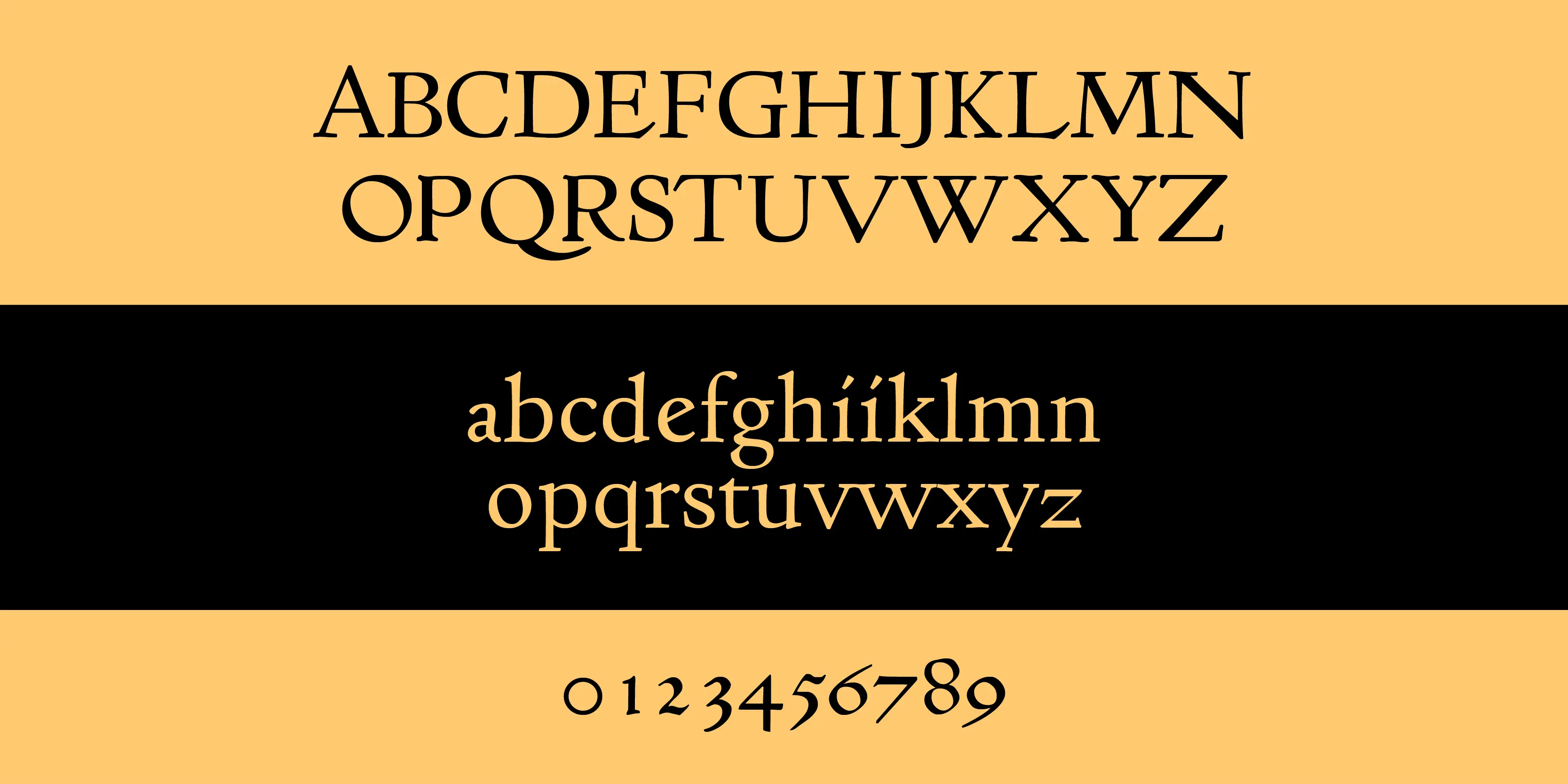 Basel Roman font by P22 Type Foundry — the uppercase alphabet in black serif letters, the lowercase alphabet in yellow serif letters on a black horizontal band, and the numbers zero through nine in black serif numerals on a yellow background