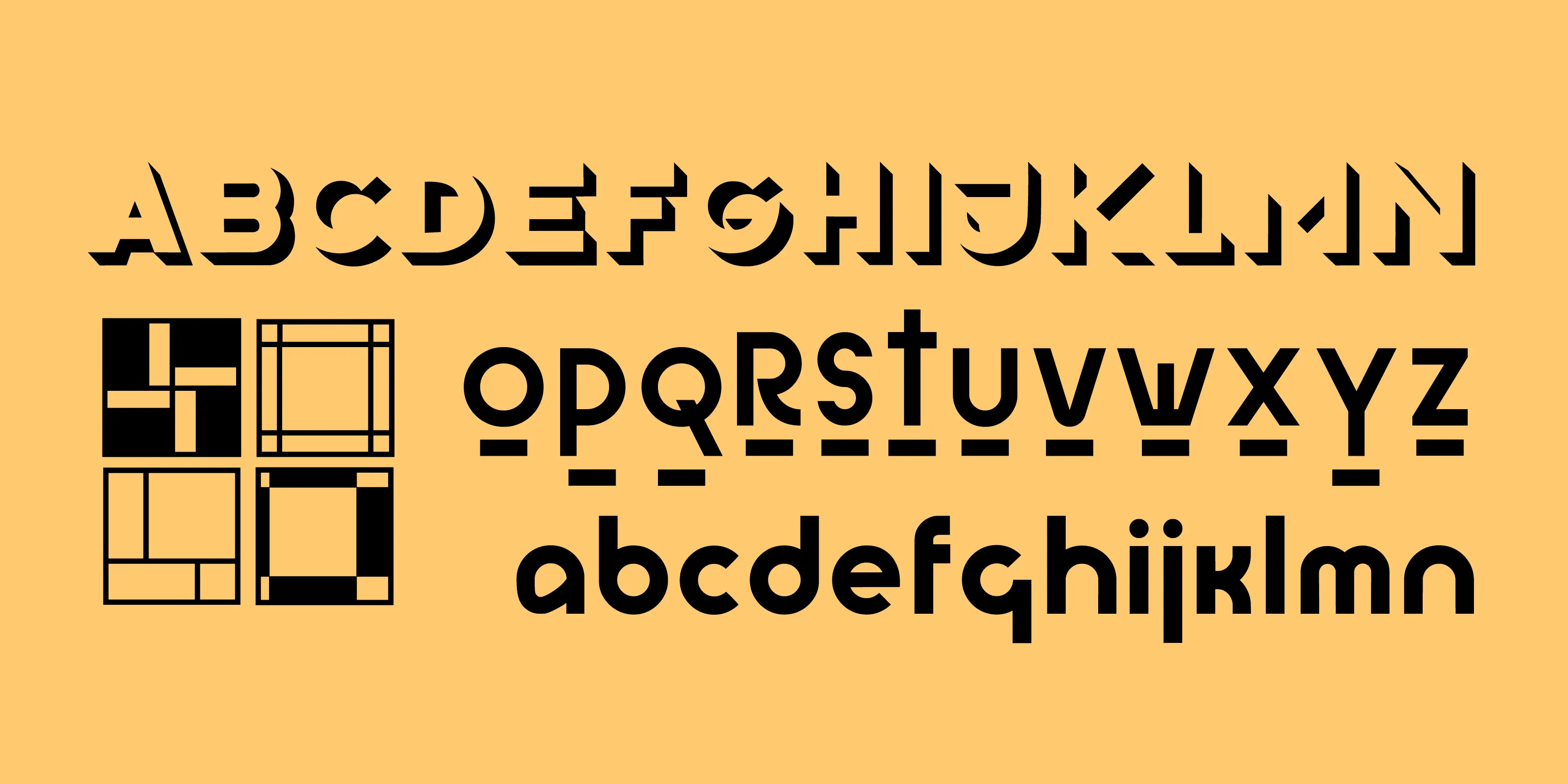 Bauhaus font by P22 Type Foundry — the letters A through N in a bold geometric stencil style with drop shadows, four square geometric icons, the letters o through z with underlines, and the lowercase letters a through n in a rounded sans-serif style, serif style, all in black on a yellow background