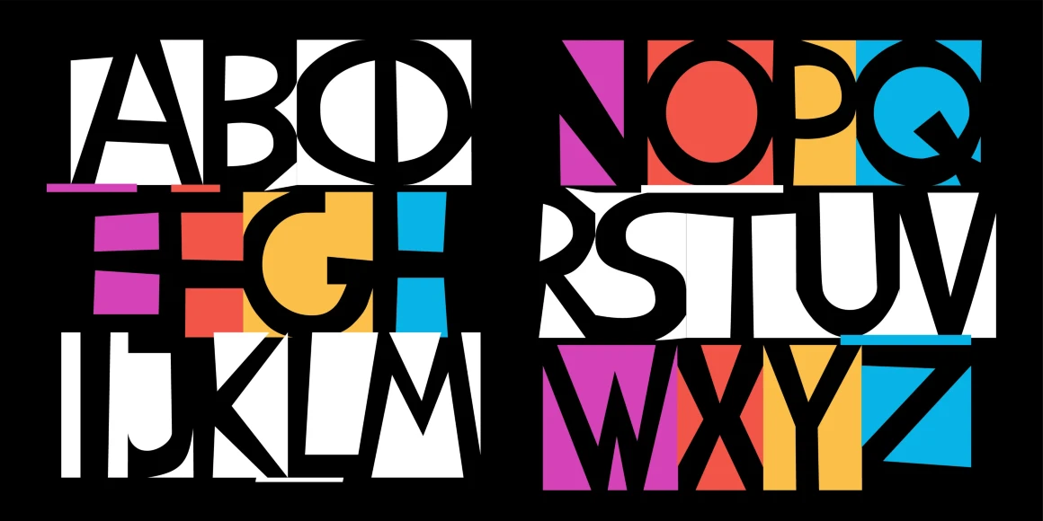 BlancoNeg font by P22 Type Foundry — the letters of the alphabet from A to Z in a cutout, paper-collage style with high-contrast black, white, pink, red, yellow, and blue geometric blocks
