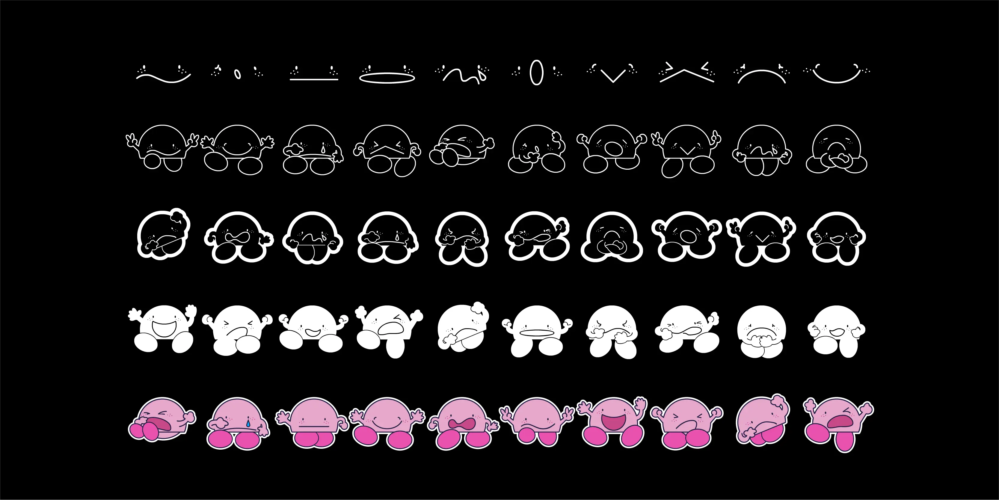 Ching Mang font by P22 Type Foundry — a grid of cartoon character icons in various expressions, including outline, solid white, solid black, and pink versions