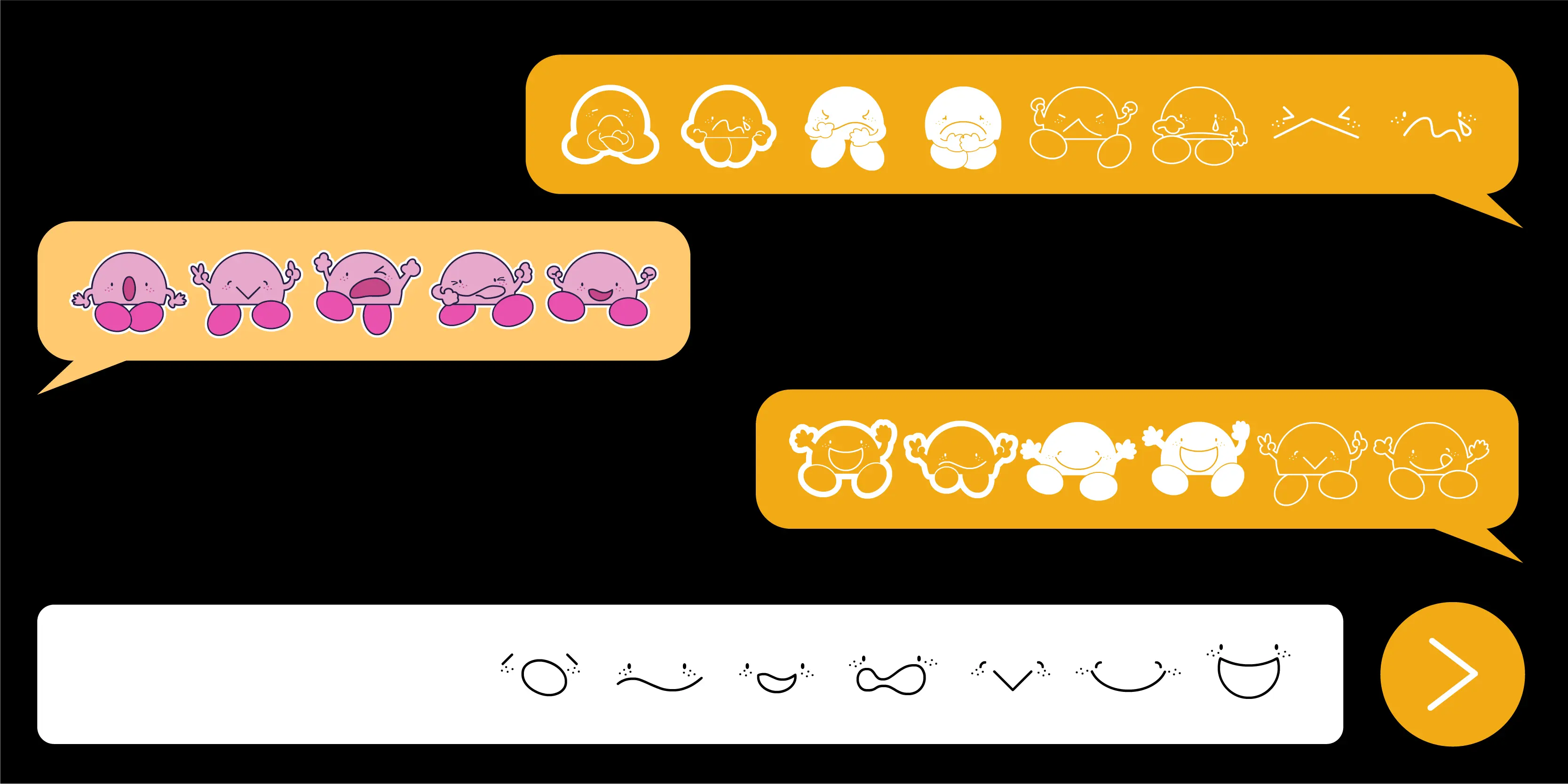 Ching Mang font by P22 Type Foundry — three speech bubbles on a black background containing various cartoon character icons in pink, white, and outline styles, with a row of simple mouth and eye line drawings at the bottom