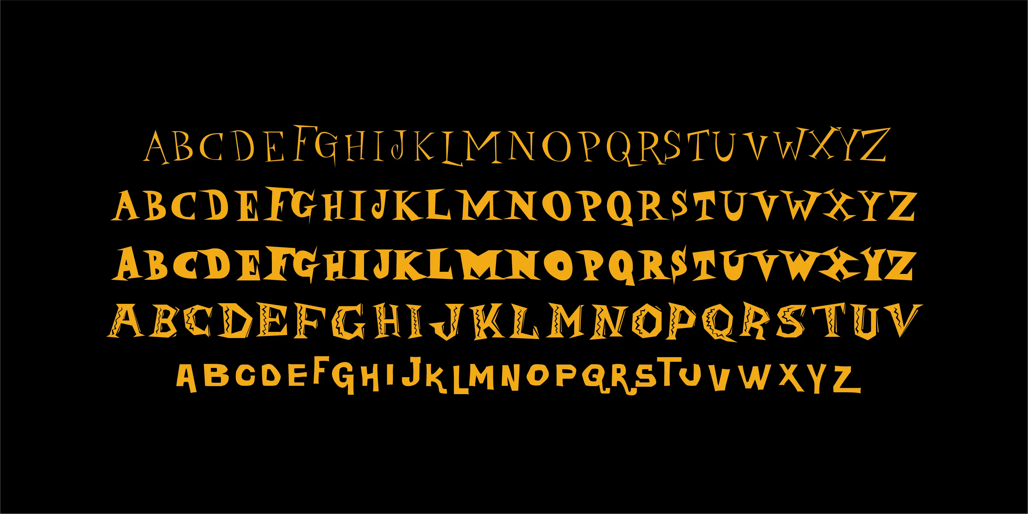 Daddy-O font by P22 Type Foundry — five stacked rows of the alphabet in a jagged, hand-drawn yellow font on a black background