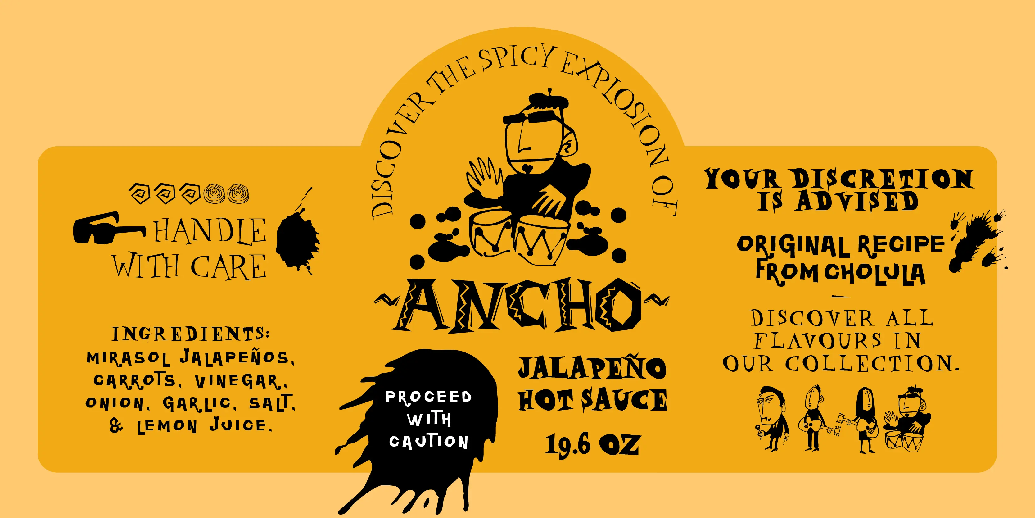 Daddy-O font by P22 Type Foundry — a yellow hot sauce label design featuring a beatnik cartoon playing bongo drums, surrounded by text in a quirky, hand-drawn serif typeface including the words ANCHO, JALAPEÑO HOT SAUCE, and HANDLE WITH CARE