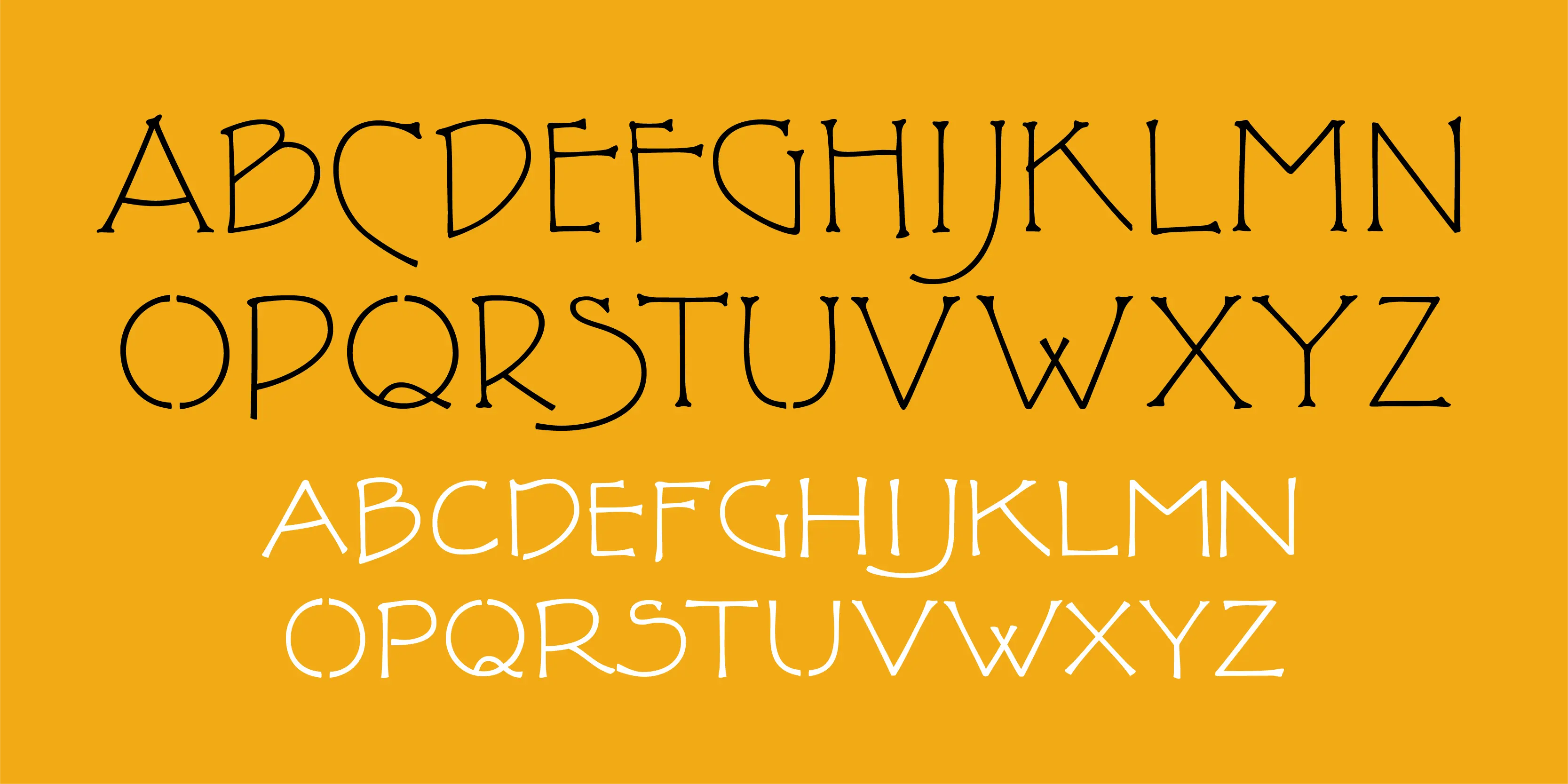 FLW Terracotta font by P22 Type Foundry — the uppercase alphabet from A to Z in a stylized, high-waisted serif typeface, shown first in black and then repeated in a smaller white version on a solid yellow background