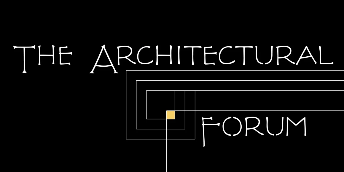 FLW Terracotta font by P22 Type Foundry — the words THE ARCHITECTURAL FORUM in a stylized, high-contrast serif typeface on a black background, integrated with a geometric pattern of thin white lines and a single small yellow square
