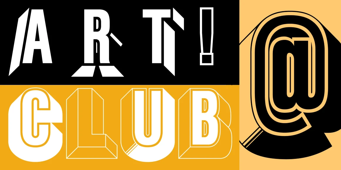 Glaser Babyfat font by P22 Type Foundry — the words ART! and CLUB in a bold, three-dimensional sans-serif typeface with forced perspective, next to a large, stylized at-sign symbol