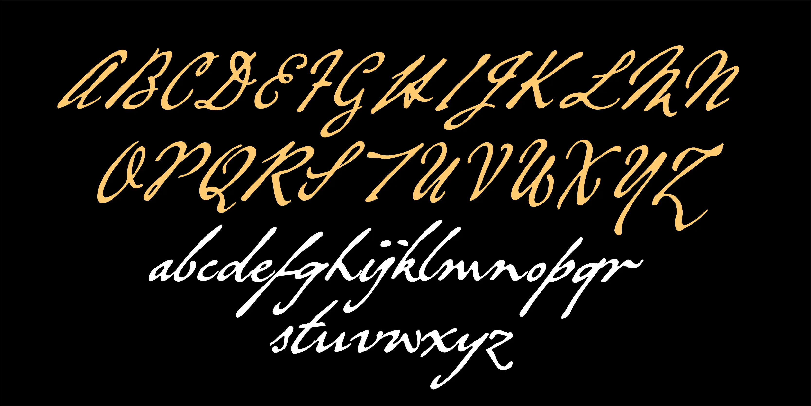 Grosvenor font by P22 Type Foundry — the uppercase alphabet in a yellow cursive script, followed by the lowercase alphabet in a white cursive script, all set against a black background