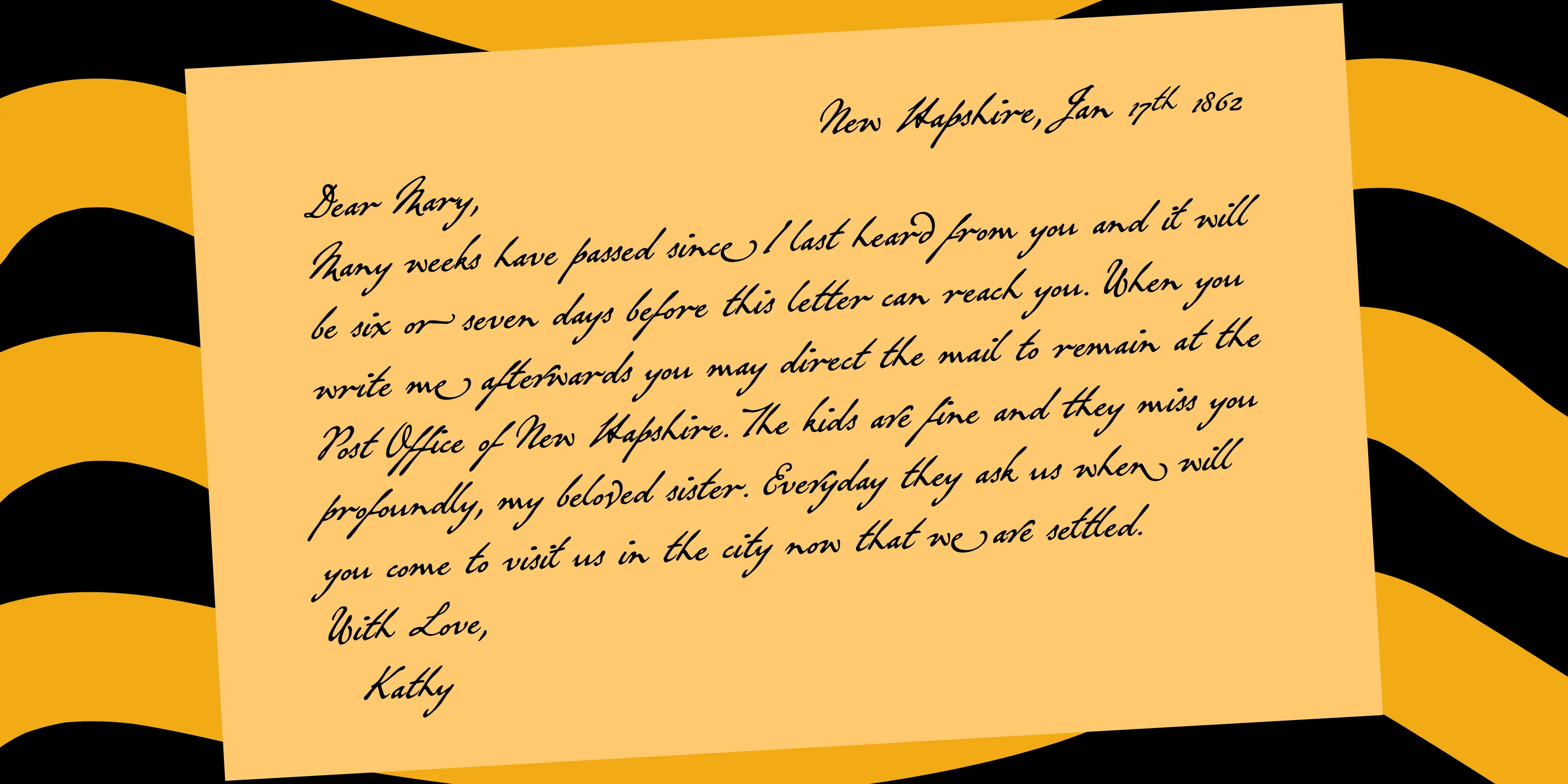 Grosvenor font by P22 Type Foundry — a handwritten letter in a flowing script font on a yellowed piece of paper, set against a background of black and yellow curved stripes
