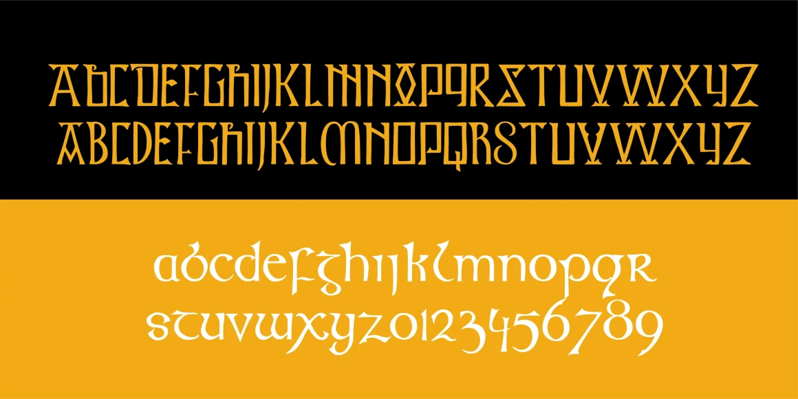 Kells font by P22 Type Foundry — two rows of orange Celtic-style uppercase alphabets on a black background, above two rows of white Celtic-style lowercase letters and numbers on a yellow background