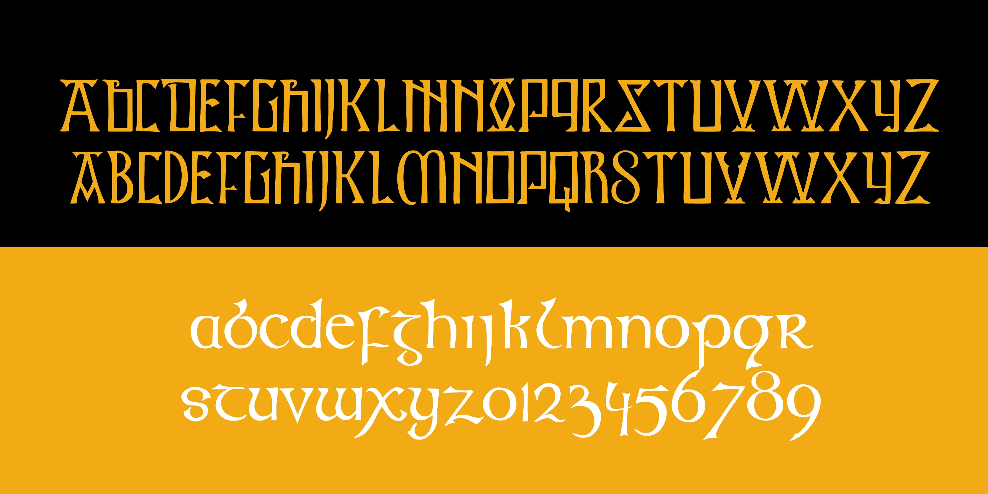 Kells font by P22 Type Foundry — two rows of orange Celtic-style uppercase alphabets on a black background, above two rows of white Celtic-style lowercase letters and numbers on a yellow background