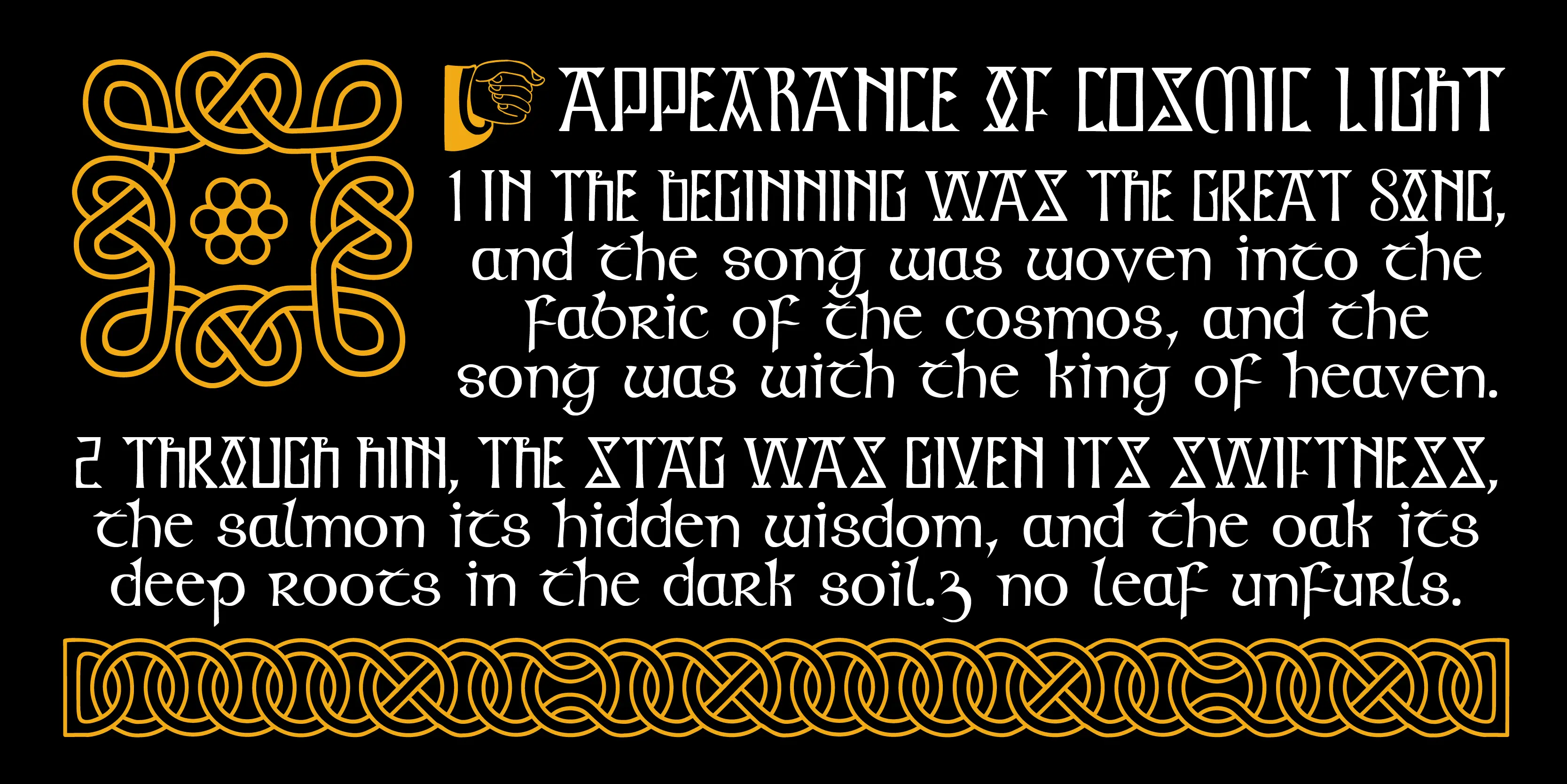 Kells font by P22 Type Foundry — white Celtic-style lettering on a black background, flanked by an orange Celtic knot emblem and a horizontal braided border