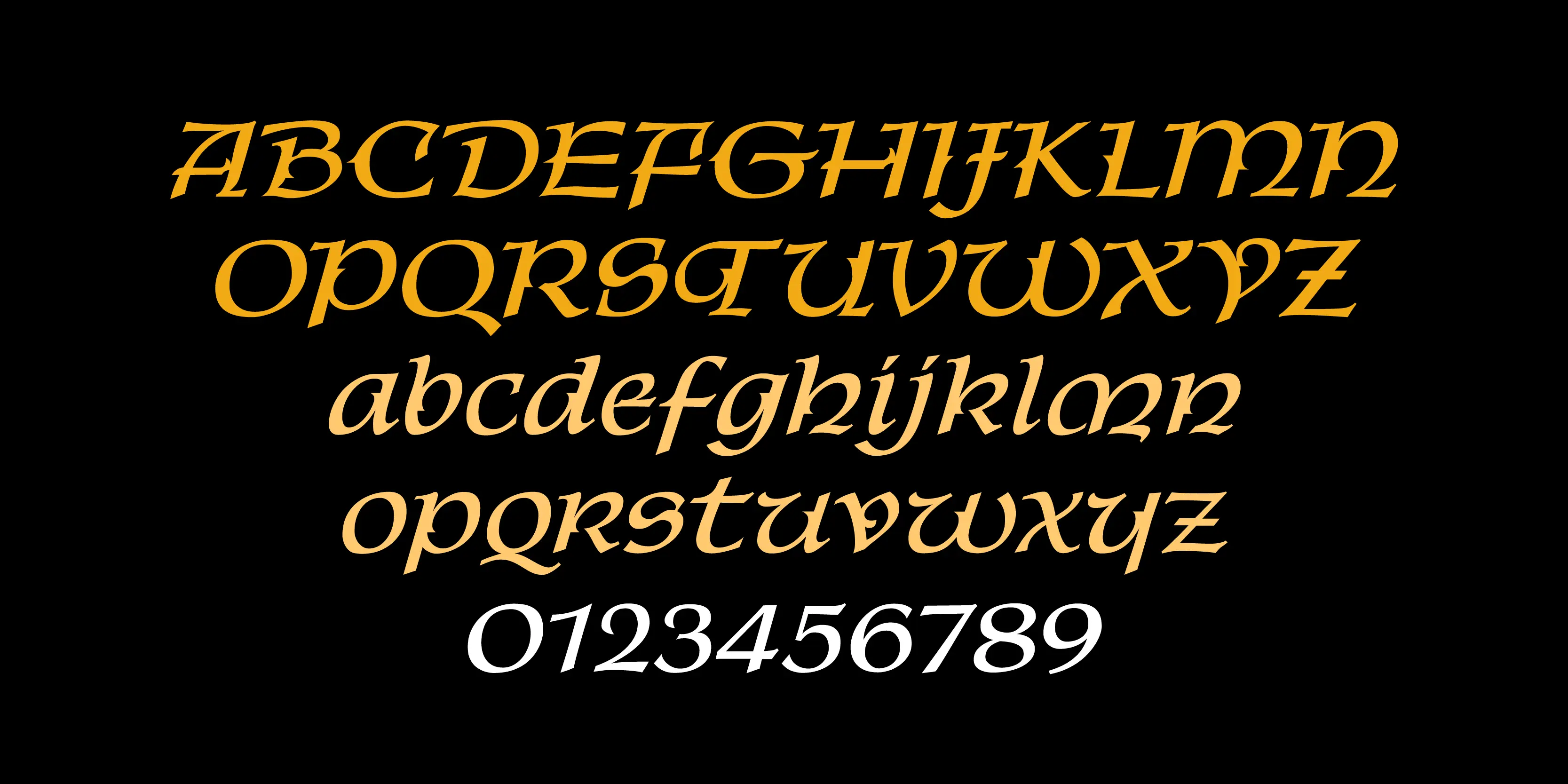 Kelly font by P22 Type Foundry — the uppercase and lowercase Latin alphabets in a slanted, Celtic-style uncial typeface in orange, followed by the numbers 0 through 9 in white, all centered on a black background