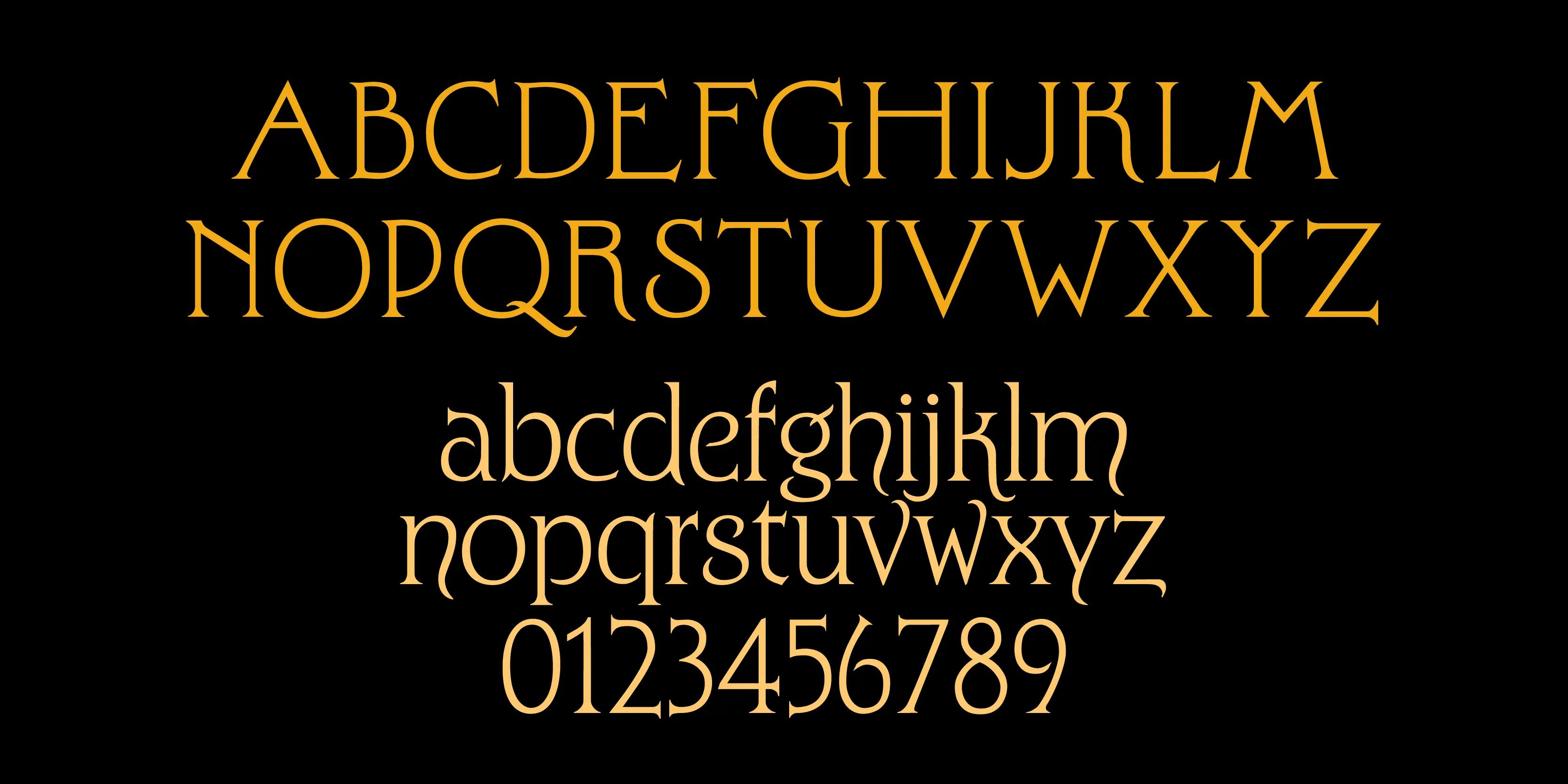 Kingsclere font by P22 Type Foundry — the uppercase and lowercase Latin alphabets from A to Z and numbers from 0 to 9 in a gold, historic serif typeface on a black background