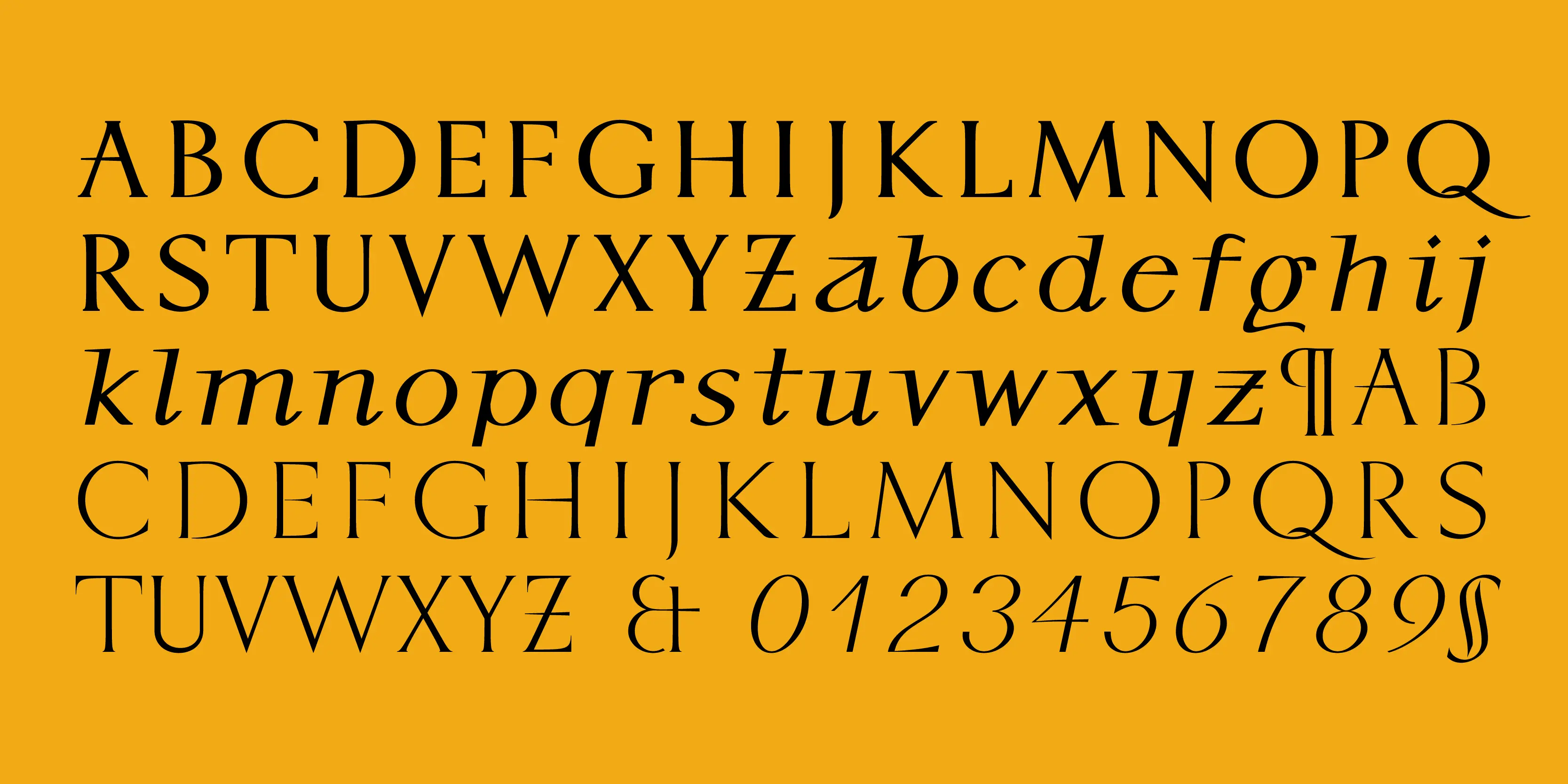 Kirkwall font by P22 Type Foundry — the uppercase and lowercase Latin alphabet, a pilcrow, an ampersand, numerals 0 through 9, and a section sign in a black serif typeface on a solid yellow background