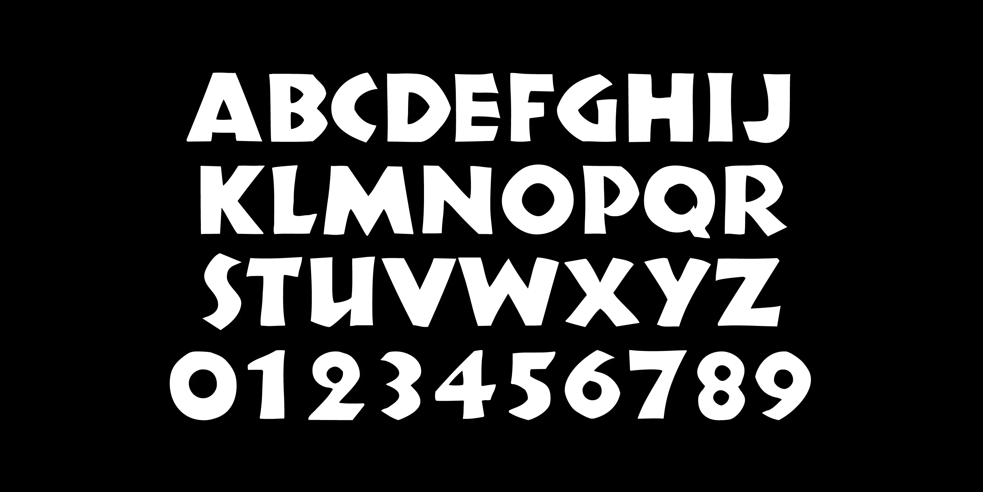 Koch Neuland font by P22 Type Foundry — the uppercase alphabet from A to Z and numbers from 0 to 9 in a chunky, hand-carved sans-serif style on a solid black background